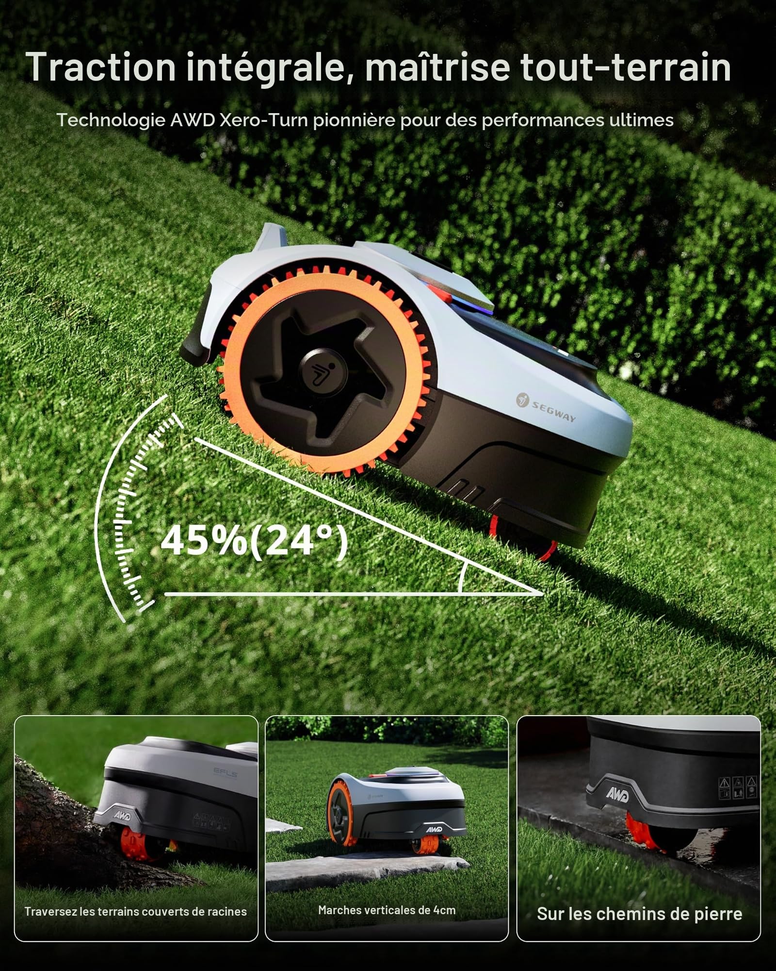 Segway Navimow i205 AWD Robot tondeuse et Garage S, Trois roues motrices, monte les pentes jusqu'à 45%, EFLS NRTK + Vision, Cartographie automatique, sans antenne, jardin de 500 m²(expédié séparément)