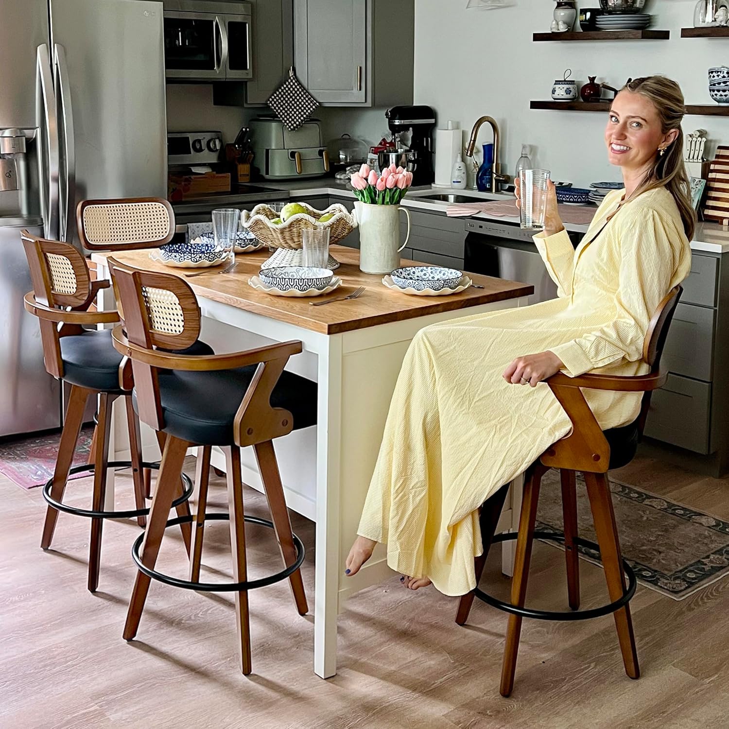 Set of 1 Counter Height Bar Stool - 27 inch Swivel Counter Stool with Walnut Craftsmanship, Cane Back, Upholstered Faux Leather, Kitchen Island Stool for Island/Pub/Kitchen- Black