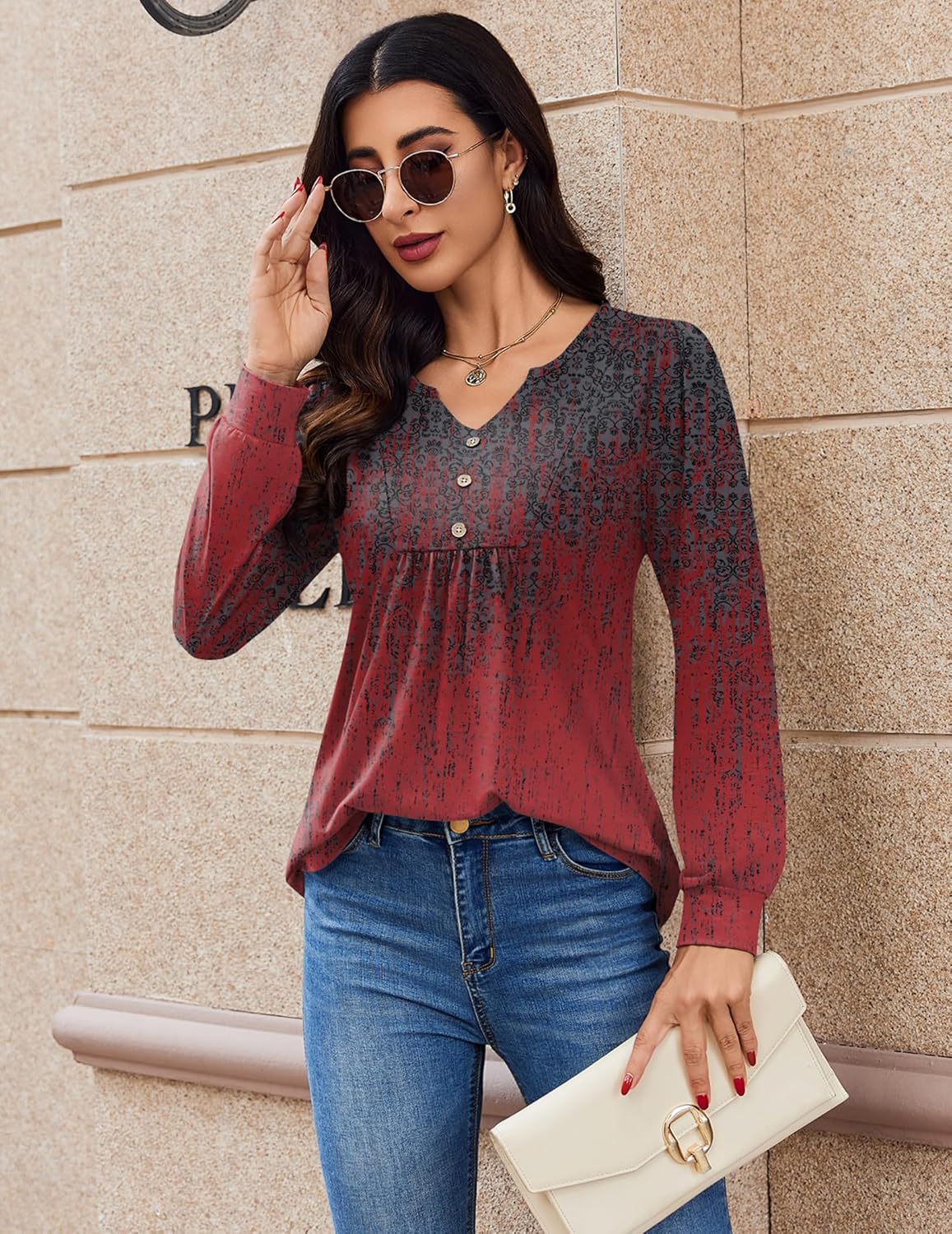 Zeagoo Long Sleeve Shirts for Women 2025 Casual Pleated V Neck Fall Tunic Tops Button Down Blouse Dressy Loose T-Shirts - Image 3