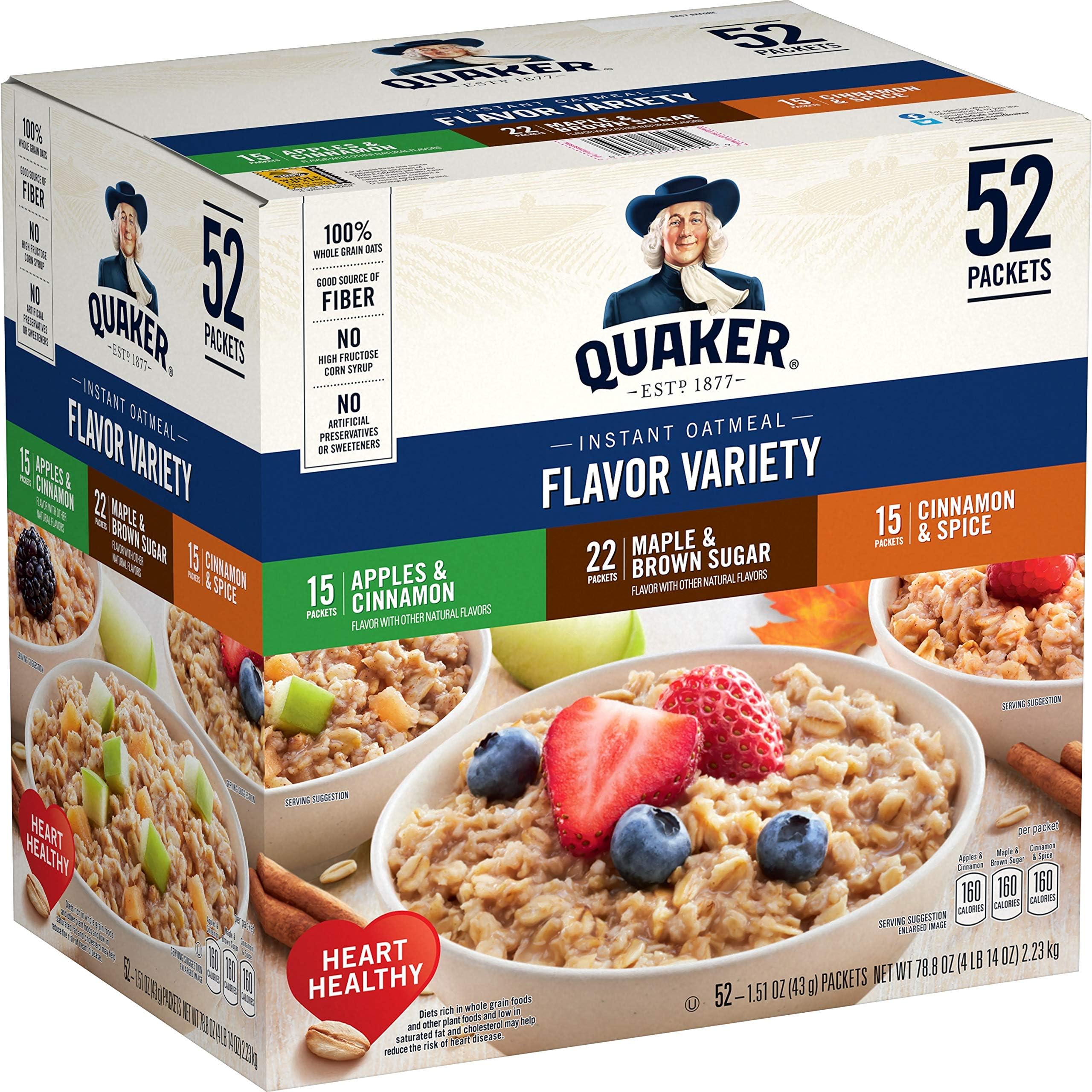 Quaker Instant Oatmeal, High Fiber 3 Flavor Variety Pack