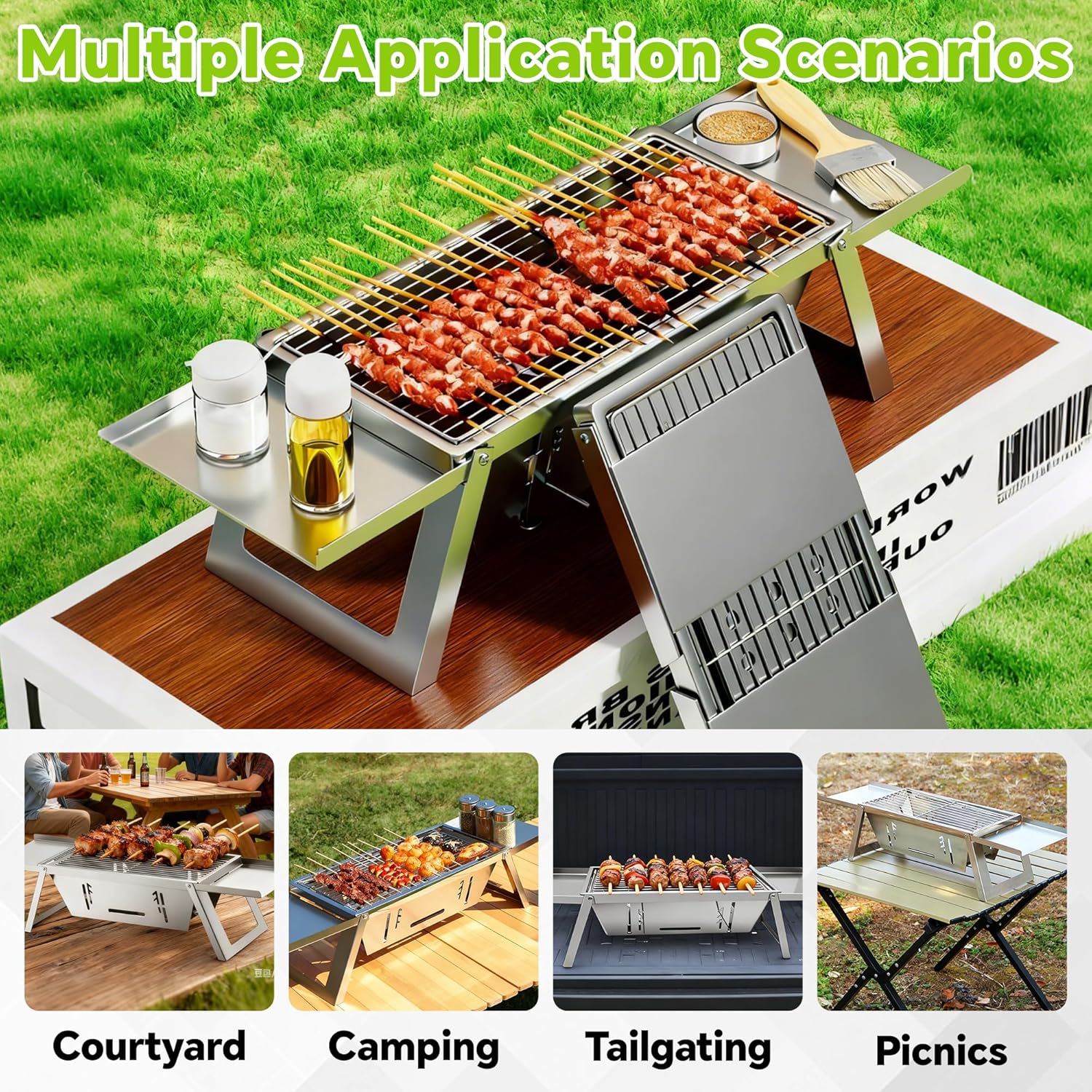 Foldable Small Charcoal Grill, Portable Stainless Steel Charcoal Grill, Tabletop Yakitori Grill for Outdoor Cooking, Travel Camping, BBQ, Tailgating, Picnics, High-Temp Resistant for 2-3 People