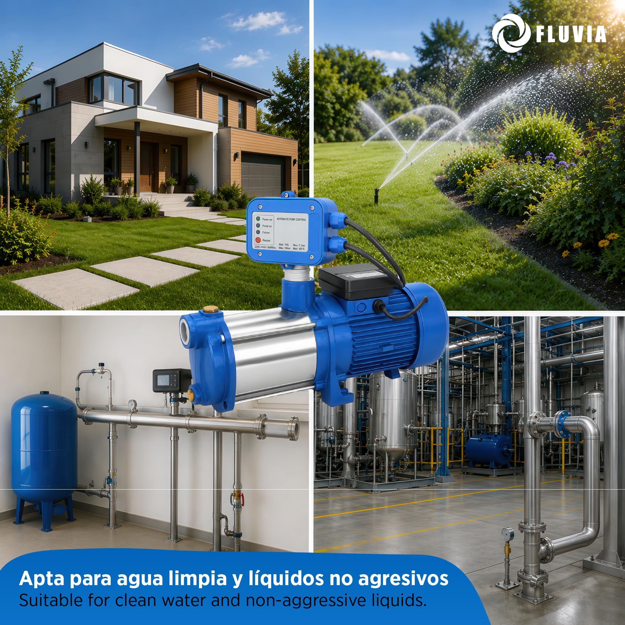 Bomba Centrifuga Multietapa 0.75 kW Horizontal para Presion de Agua y Riego con Cuerpo de Fundicion Eje Inoxidable Funcion Silenciosa para Vivienda Jardin y Grupo de Presion FLUVIA