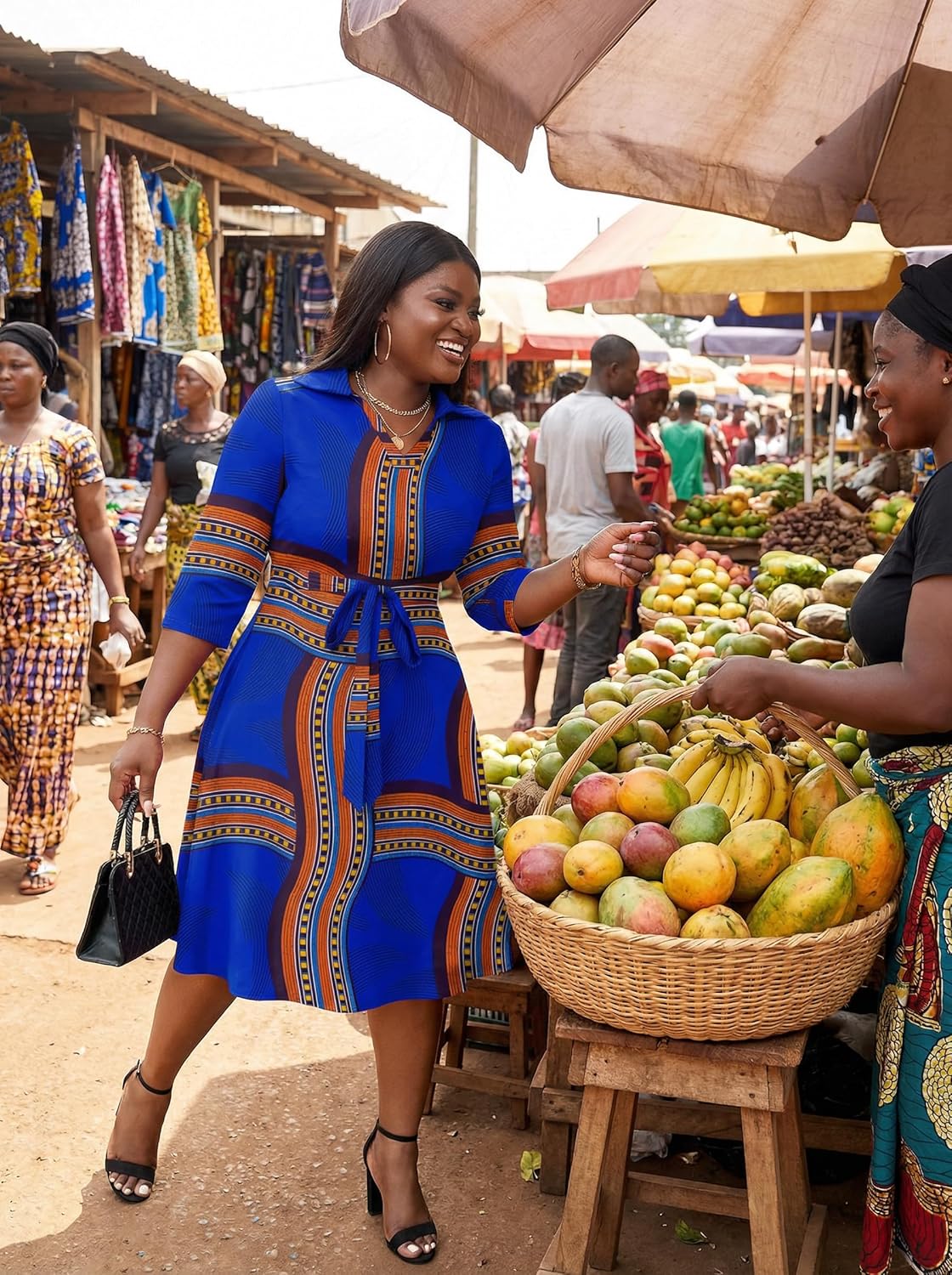 FANDEE Plus Size Midi Dress for Women - Printing Summer Dresses for Wedding Guest Cocktail Party 3/4 Sleeve V Neck(L-5XL) - Image 5