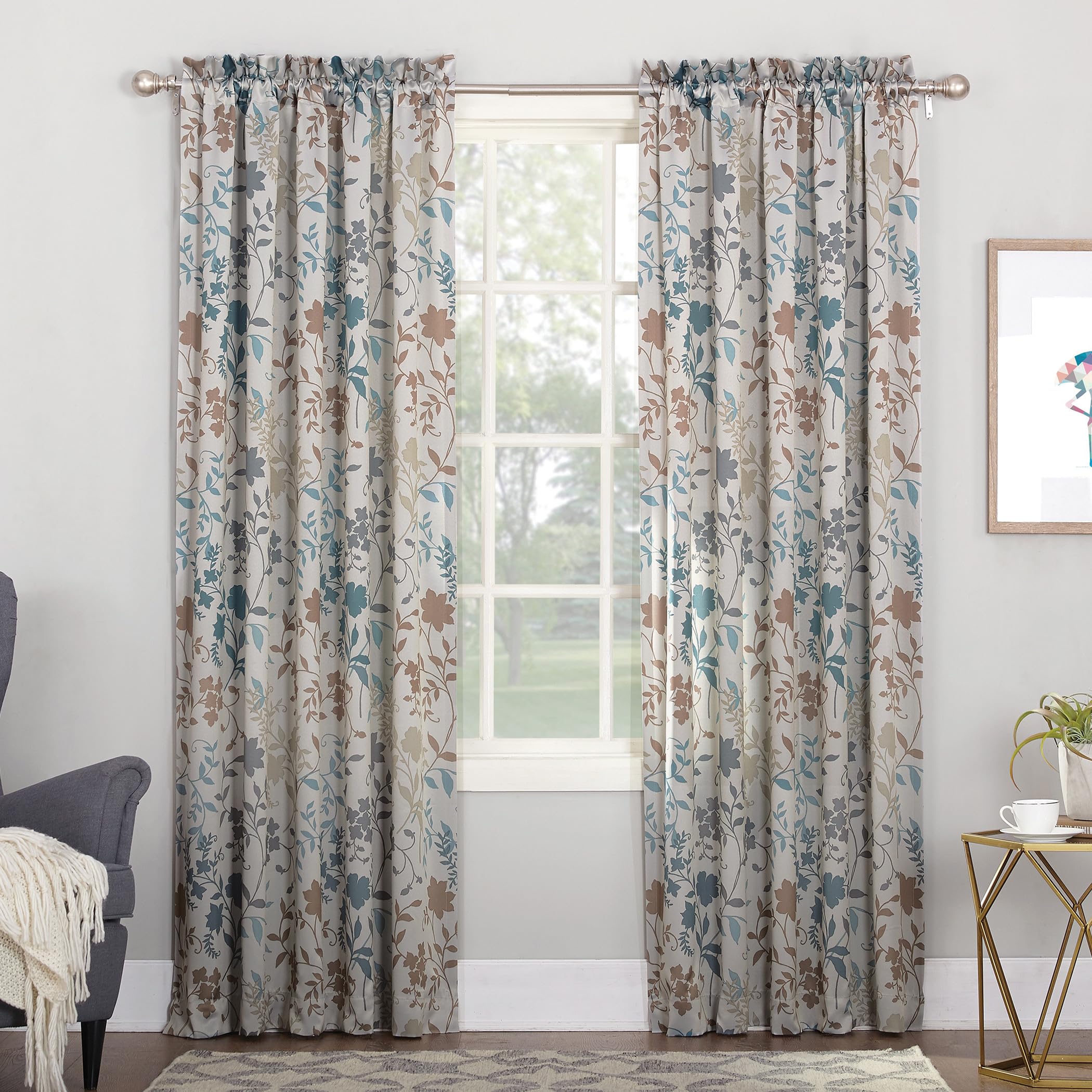 Kara Floral Print Energy Efficient Rod Pocket Curtain Panel, 54" x 63", Stone