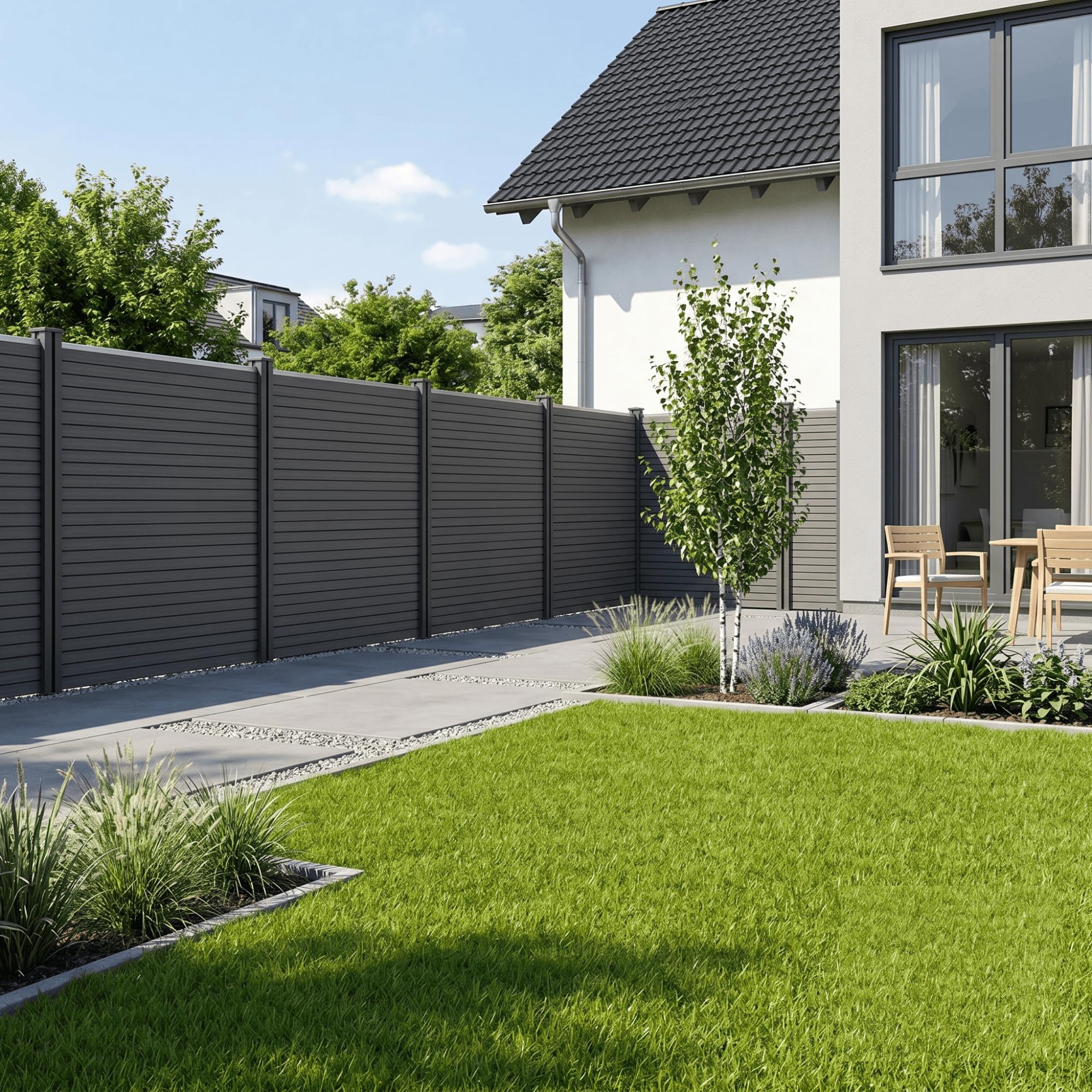 WPC Sichtschutzzaun Komplettset Anthrazit – Gartenzaun mit robusten 10x10 cm WPC Pfosten, Lamellenzaun, Windschutz, B 186-538 x H 185 cm (1-3 Einheiten)