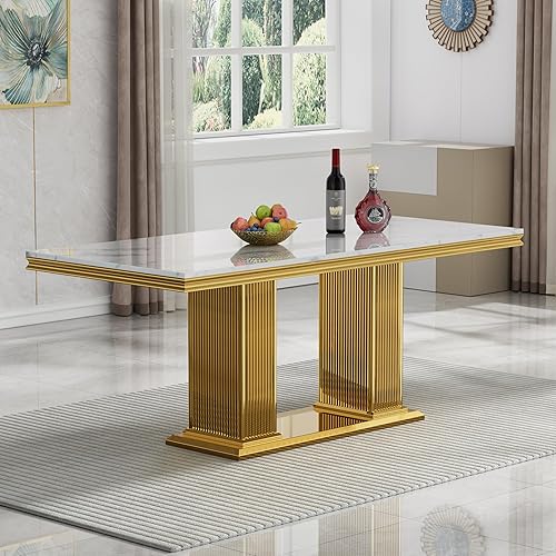 Miniatura 21 de Mesa de comedor de lujo de 69.3 pulgadas para 4 y 6, mesas de comedor de cocina de mármol blanco con parte superior de mármol sintético de 0.98