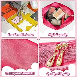 Y1tvei CHEER Large Cosmetic Bag - Preppy Patch CHEER Hot Pink Chenille Letter Makeup Bag PU Leather Waterproof Portable Cheer Letter Toiletry Pouch Travel Organizer for Cheerleader Girl (Rose Red)