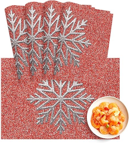 Juego de 4 manteles individuales de Navidad, manteles individuales de PVC lavables, manteles individuales de vinilo tejido brillante para mesa de