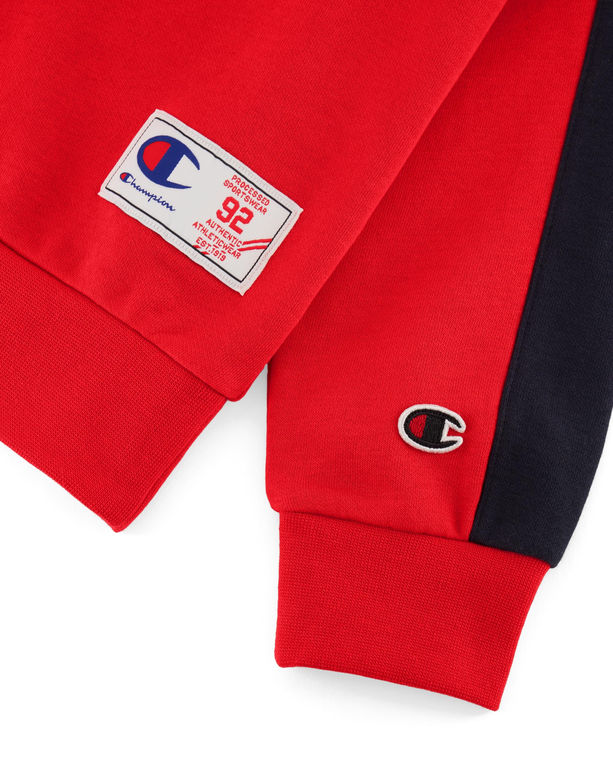 Champion Legacy Retro Sport B (306862) - Chándal de forro polar Powerblend compacto y ultraligero, multicolor bermellón/azul marino (CRD/NNY/WHT), 5-6 años (XS) Niño FW24