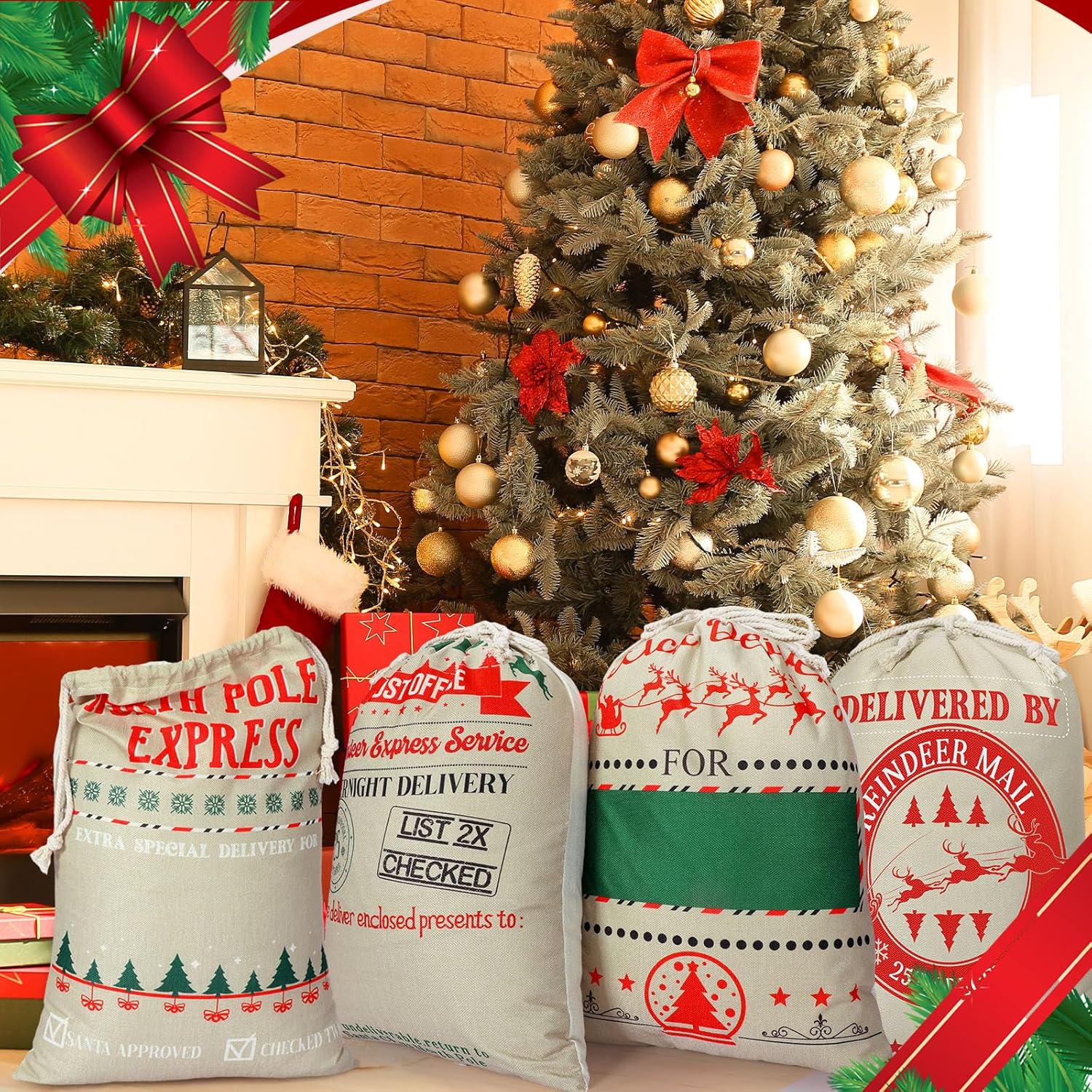 Sweetude 6 Pack Santa Sacks Bags Large Canvas Gift Bag with Drawstring 26" x 19" Reusable Holiday Fabric Xmas Present Package Storage for Christmas Party Favor(Beige,Classic)