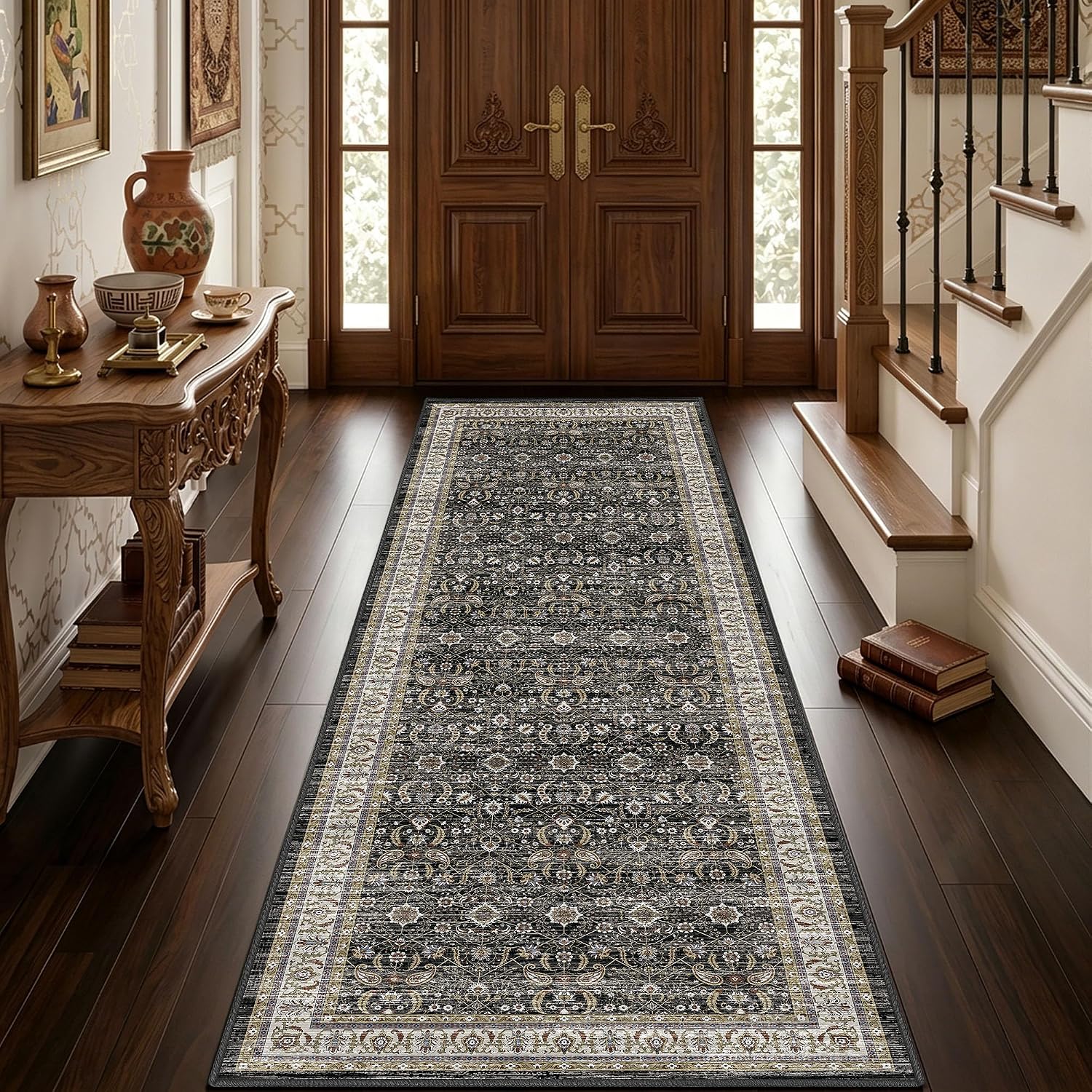 Charcoal Black Farmhouse Washable Runner Rug 2x6, Upgraded Non-Slip Area Rugs for Kitchen Hallway Bedroom Vintage Distressed Floral Low Pile Carpet for Laundry, Entryway Bathroom, Charcoal Black Ivory