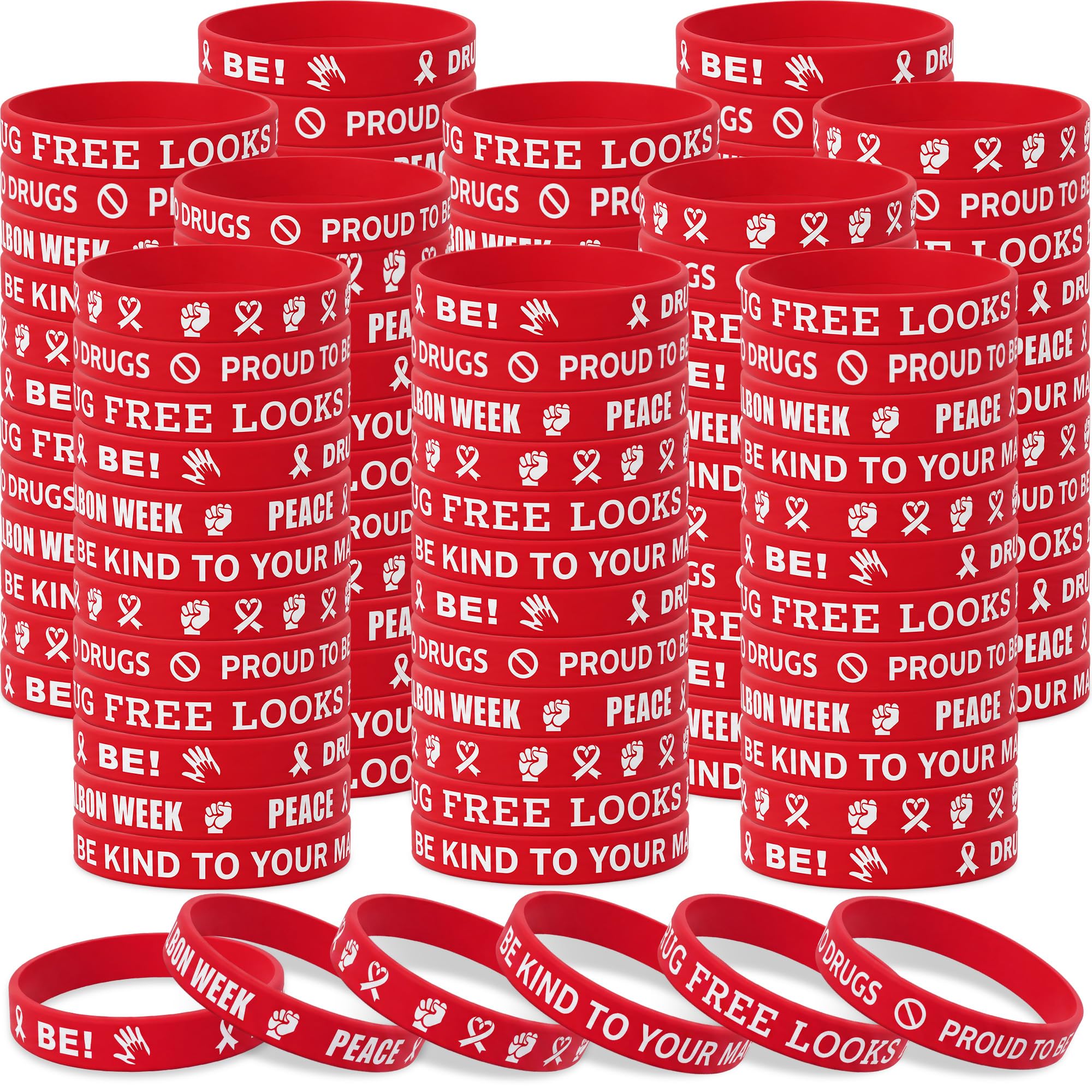 Landical 300 Pcs Live Drug Free Silicone Bracelets Bulk Red Ribbon Rubber Wristbands Week Red Ribbon Awareness Bracelets for Anti Drugs Campaigns Events Men Women
