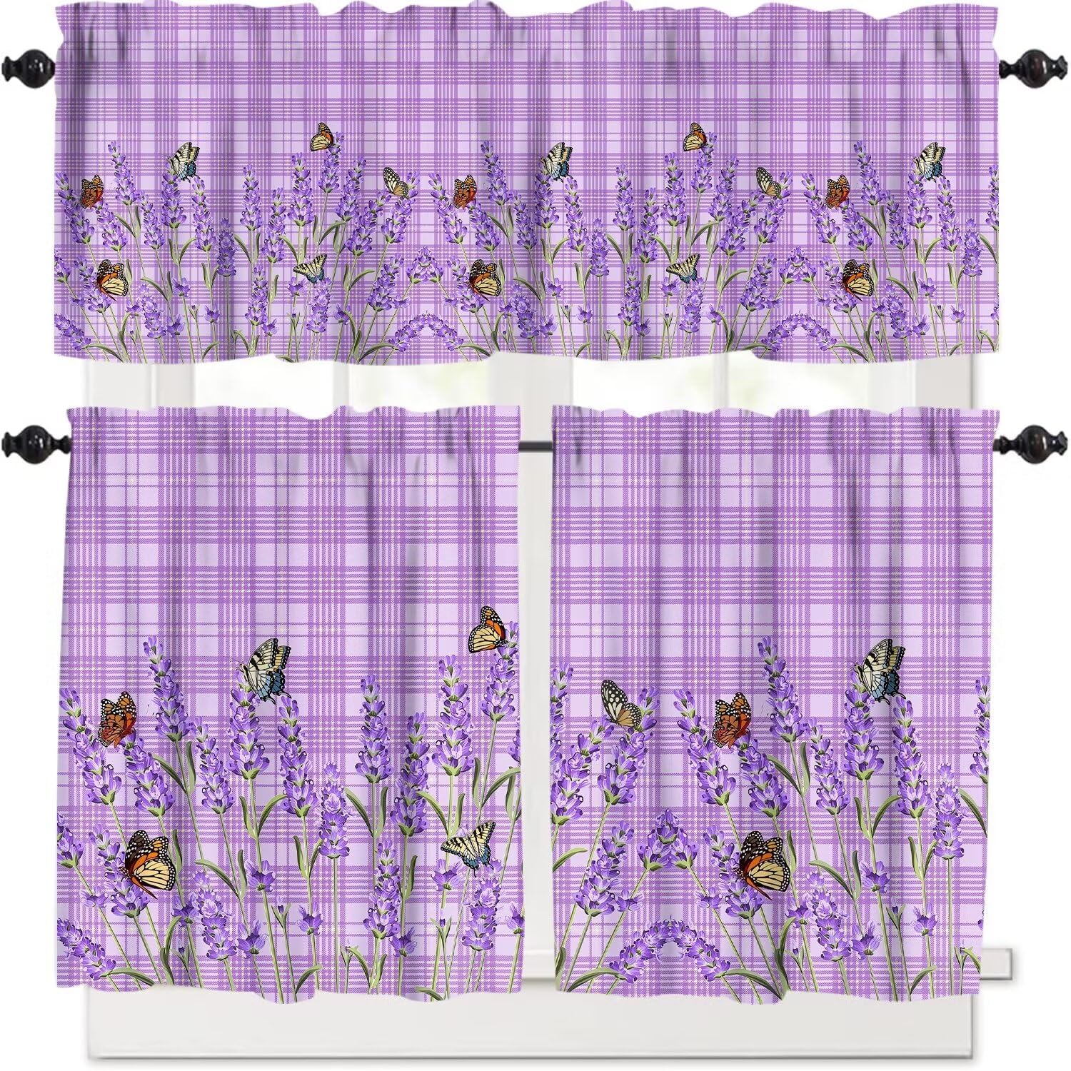 Lavender Floral Valance Purple Lavender Flower Graffiti Watercolor Painting Valance Curtain for Kitchen Dining Room Canteens Home Decor with Rod Pocket 54''x18''+27''x36''x2（3 Piece）, Style-5