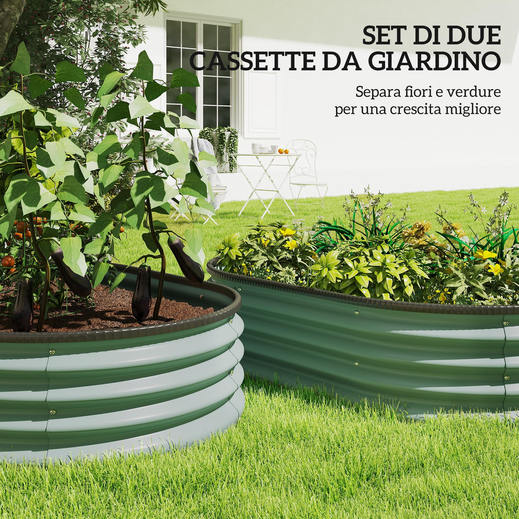 Outsunny Set di 2 Aiuola Rialzata Modulari 135x90x30 cm Verde | Cassoni Orto con Bordo in Gomma, Fondo Aperto, Letti per Orto Rialzato in Acciaio Zincato per Erbe, Frutta, Verdura