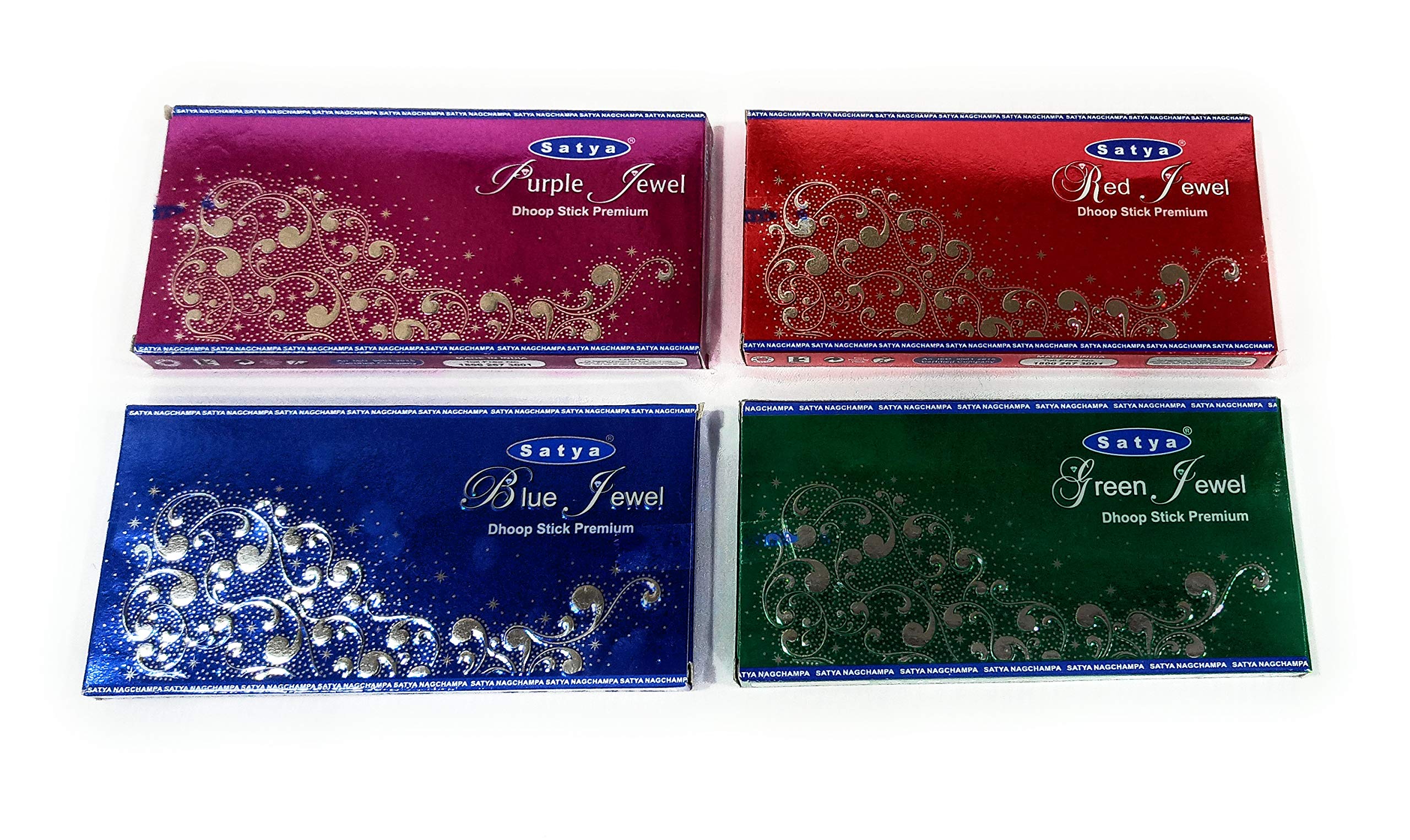 Satya Combo of Purple Jewel, Blue Jewel, Red Jewel, Green Jewel - Premium Dhoop Stick - Pack of 12 x 20 Sticks in a Pack (3 Packs of Each Variety)