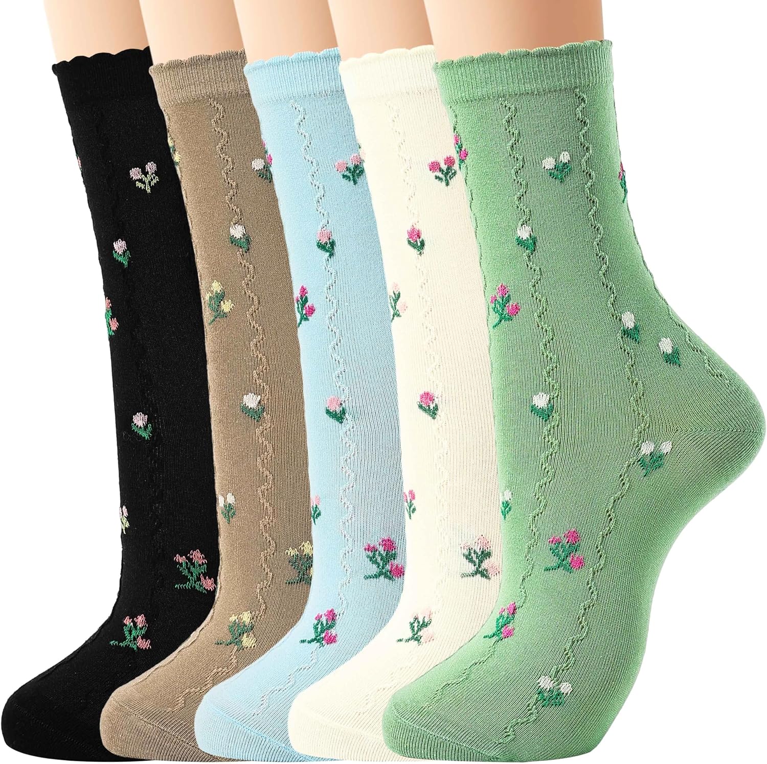 Jeasona 5 Pairs Floral Ruffle Socks for Women, Cute Cotton Flower Crew Socks, Cottagecore Frilly Ankle Socks