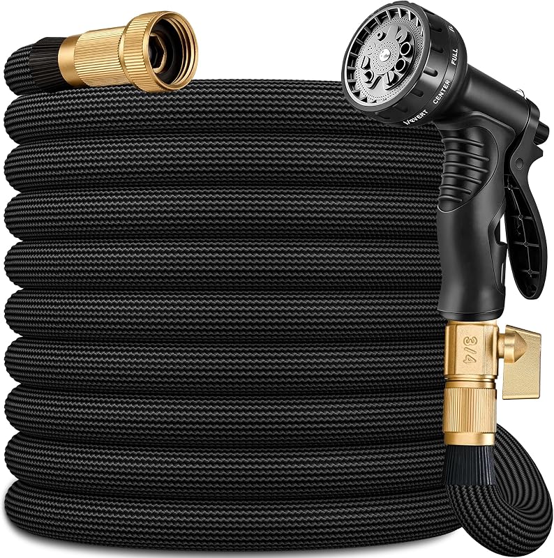 Manguera de jardín flexible de 50 pies, mangueras de agua ultraligeras de 50 pies con pulverizador de 10 funciones y accesorios de latón de 3/4 pulgadas, sin torceduras, resistente, resistente a la abrasión para patio, césped, exteriores y jardinería (negro)