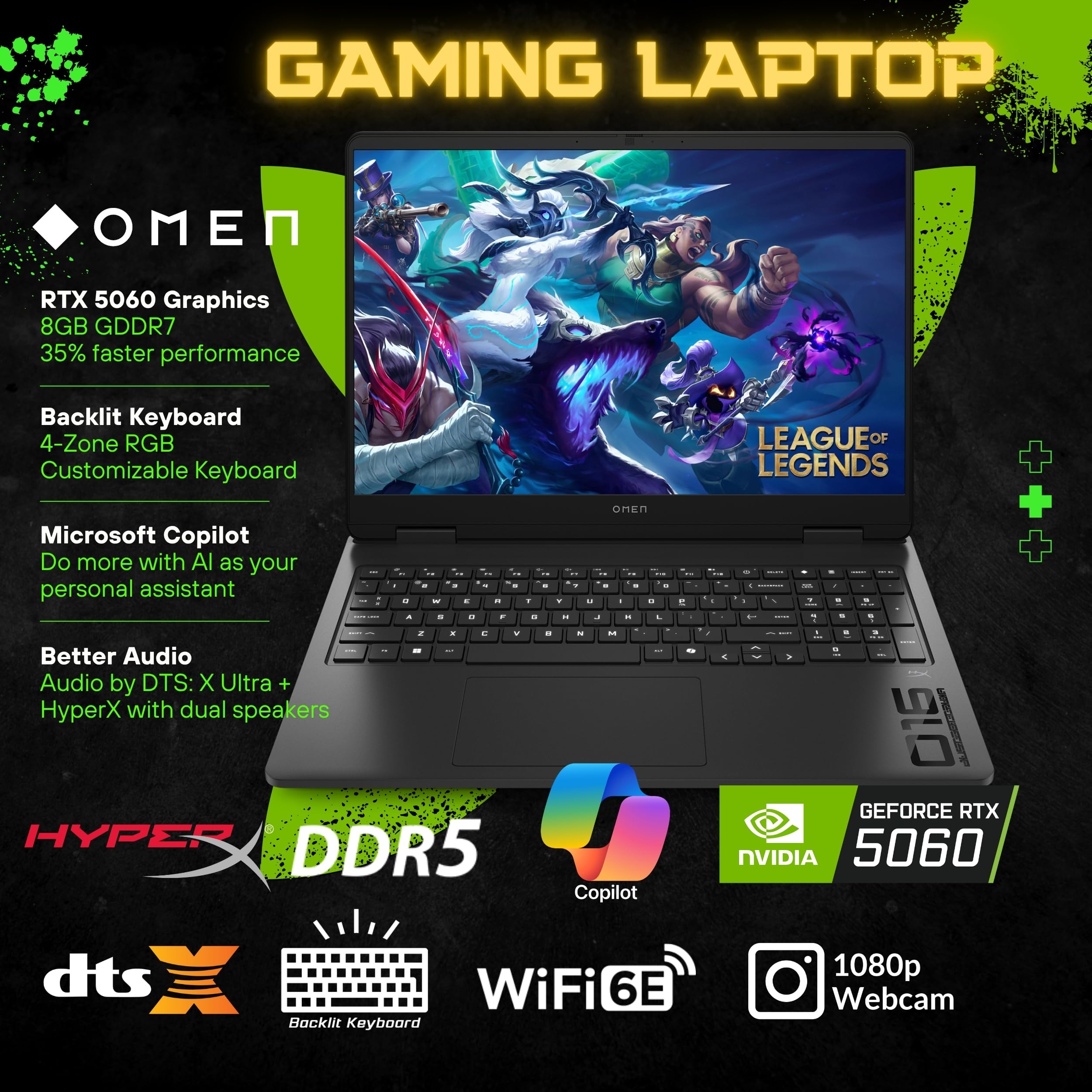 HP OMEN 16 Laptop gamingowy 144 Hz, wyświetlacz 2K, Ryzen 9 8940HX(>i9-13900H, 5,3 GHz), GeForce RTX 5060, podświetlana klawiatura RGB, Copilot+ PC, obsługa VR, WiFi 6E, Windows 11 Pro, czarny (32 GB