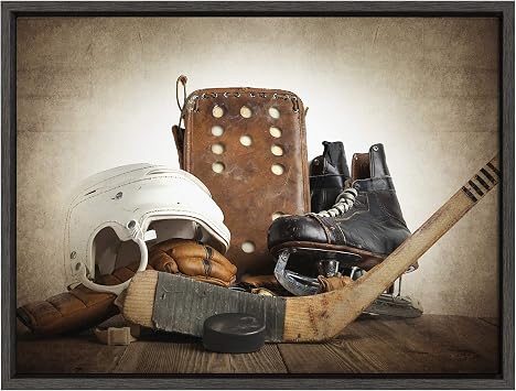 DesignOvation Sylvie Vintage Hockey Gear Sport Print Framed Canvas Wall Art by Shawn St. Peter, 18x24 Dark Grey, Traditional Classic Wall Decor