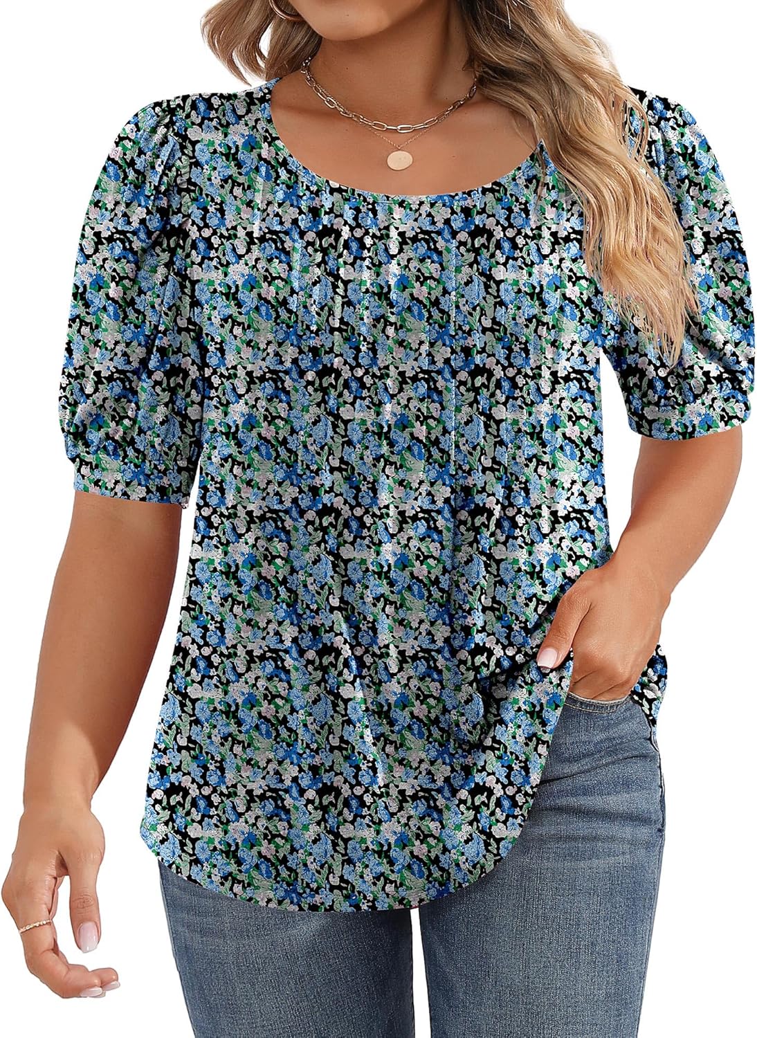 Ficerd Women's Plus Size Puff Short Sleeve Tunic Tops Crew Neck Pleated Blouses Summer Casual T Shirt Blouse 1X-5X