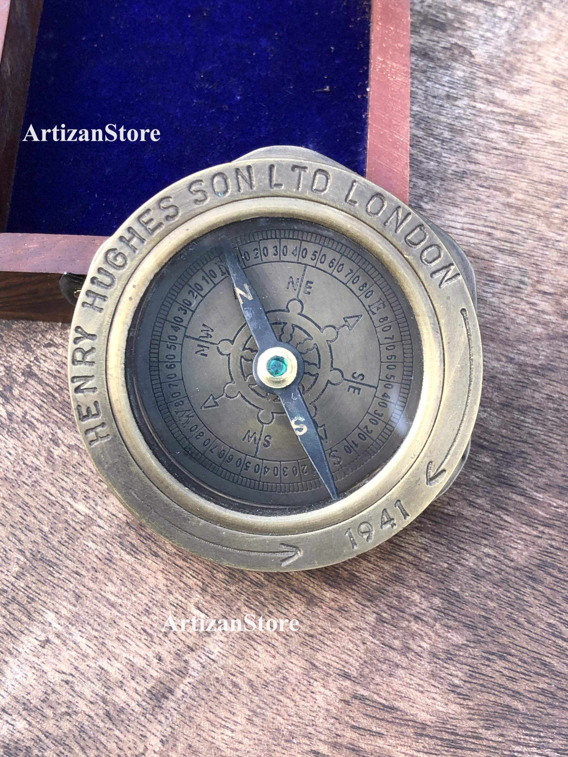 ARTIZANSTORE Handmade Brass Antique Compass Henry Hughes Compass Leather Case, Pocket Compass, Gift Compass