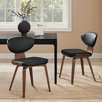 Art Leon Dining Chairs - Mid Century Modern Dining Room Chairs, Faux Leather Upholstered Armless Side Chair with Wood Legs for Kitchen, Set of 2, Walnut Bentwood/Black