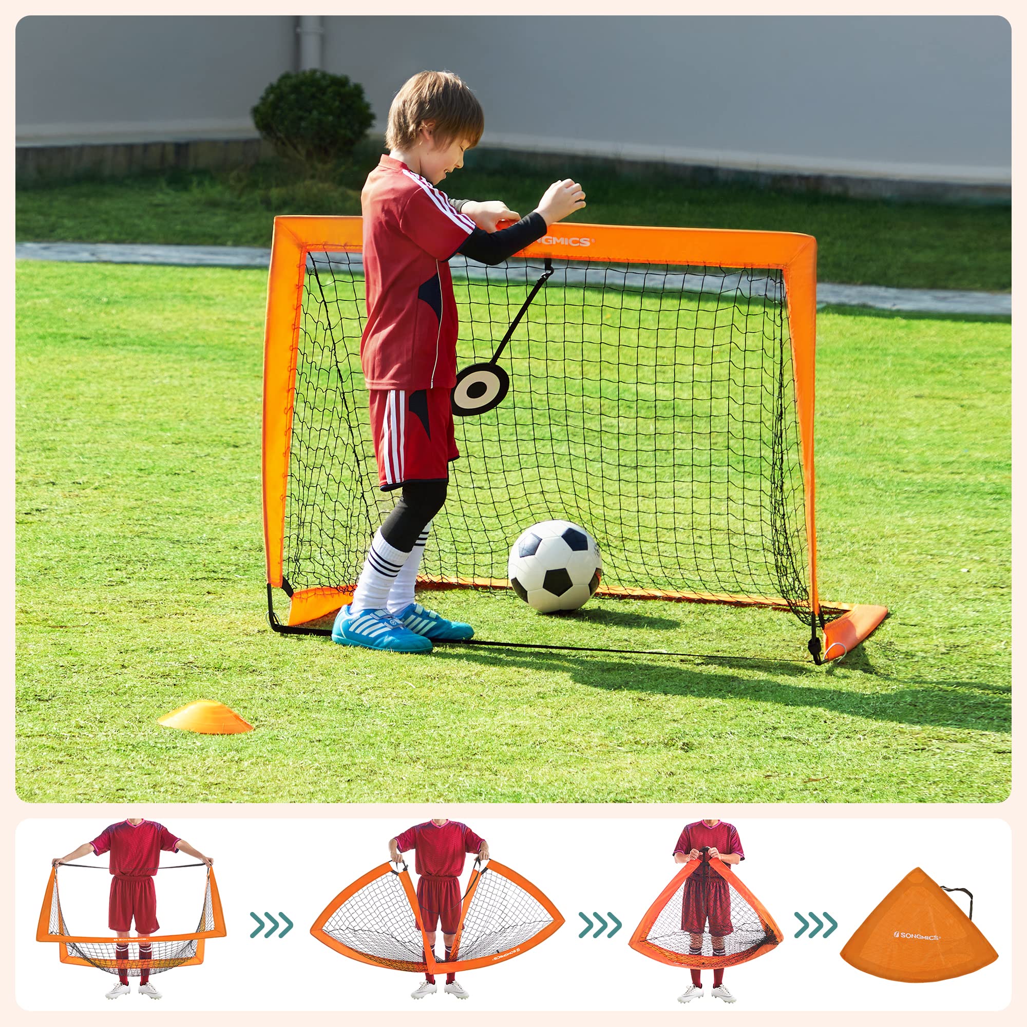 SONGMICS Porta da Calcio per Bambini, Set di 2, Obiettivo di Calcio Portatile e Pieghevole, per Giardino, Parco, Spiaggia, Struttura in Fibra di Vetro Elastico