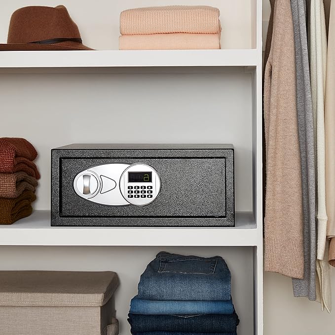 Amazon Basics Steel Security Safe and Lock Box with Programmable Electronic Keypad, for Valuables, Cash, Jewelry, Documents, Black, 1 Cubic Foot, 16.9-x-14.6-x-9.1-inches (WxDxH)