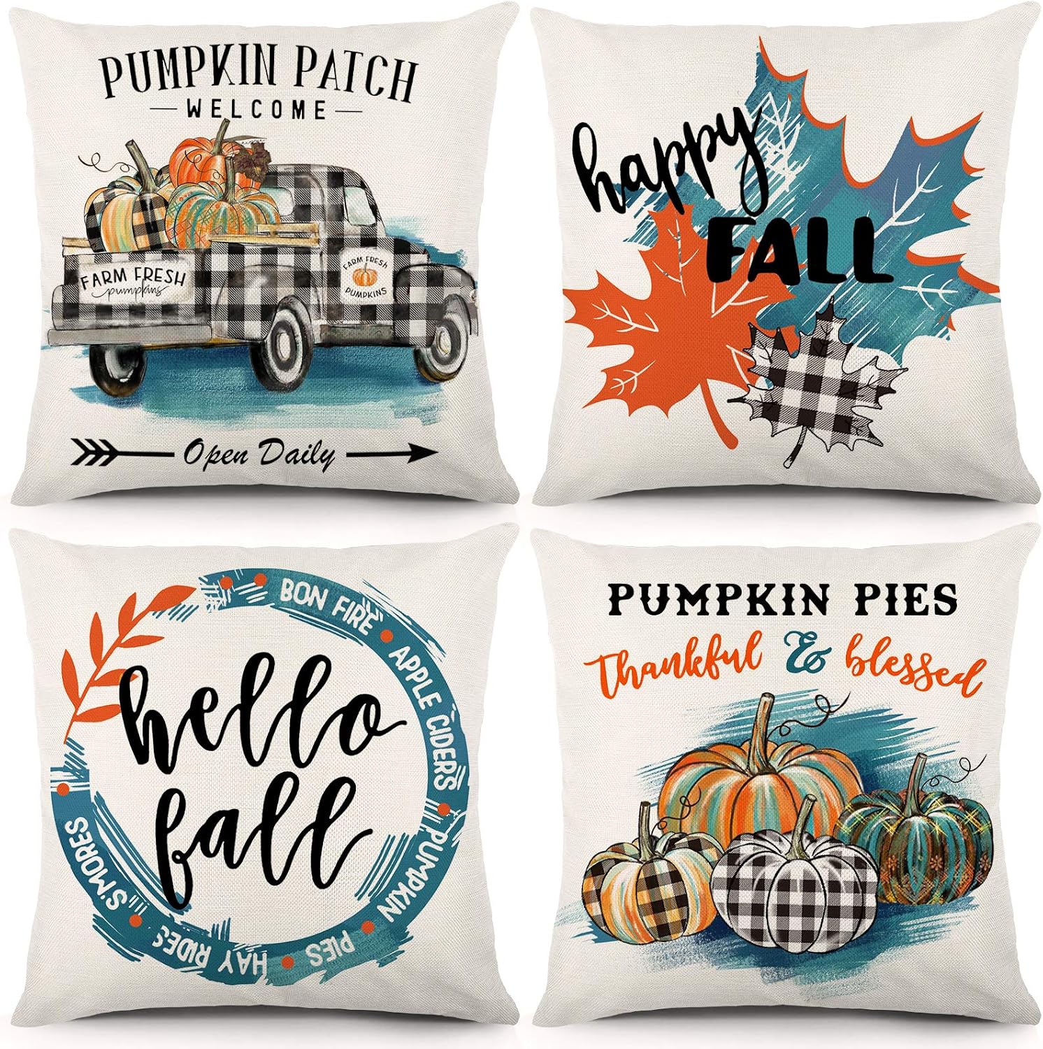 CDWERD Fall Pillow Covers 18x18 Inch Set of 4 Autumn Decorations Throw Pillowcase Maple Buffalo Plaid Pumpkins Linen Cushion Case for Couch and Home Decor