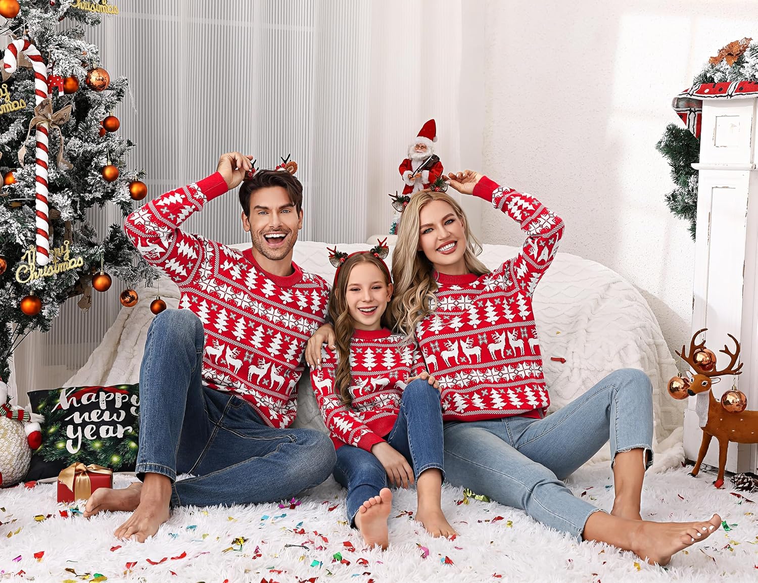 MISSKY Family Christmas Sweater Reindeer Snowflake Pattern Crew Neck Holiday Pullover Knitwear