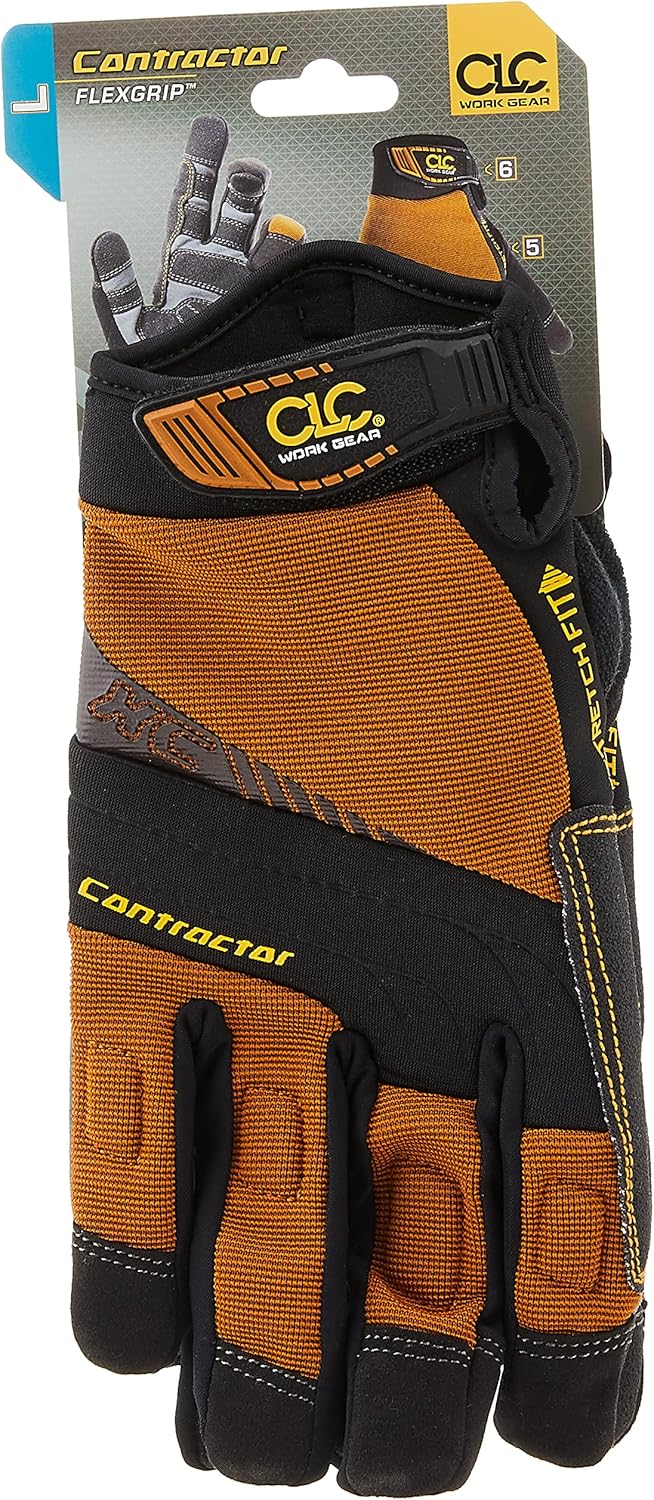 Custom Leathercraft160L Contractor XtraCoverage Flex Grip Work Gloves, Durable Synthetic Leather, Padded Knuckles Black, Brown, Large