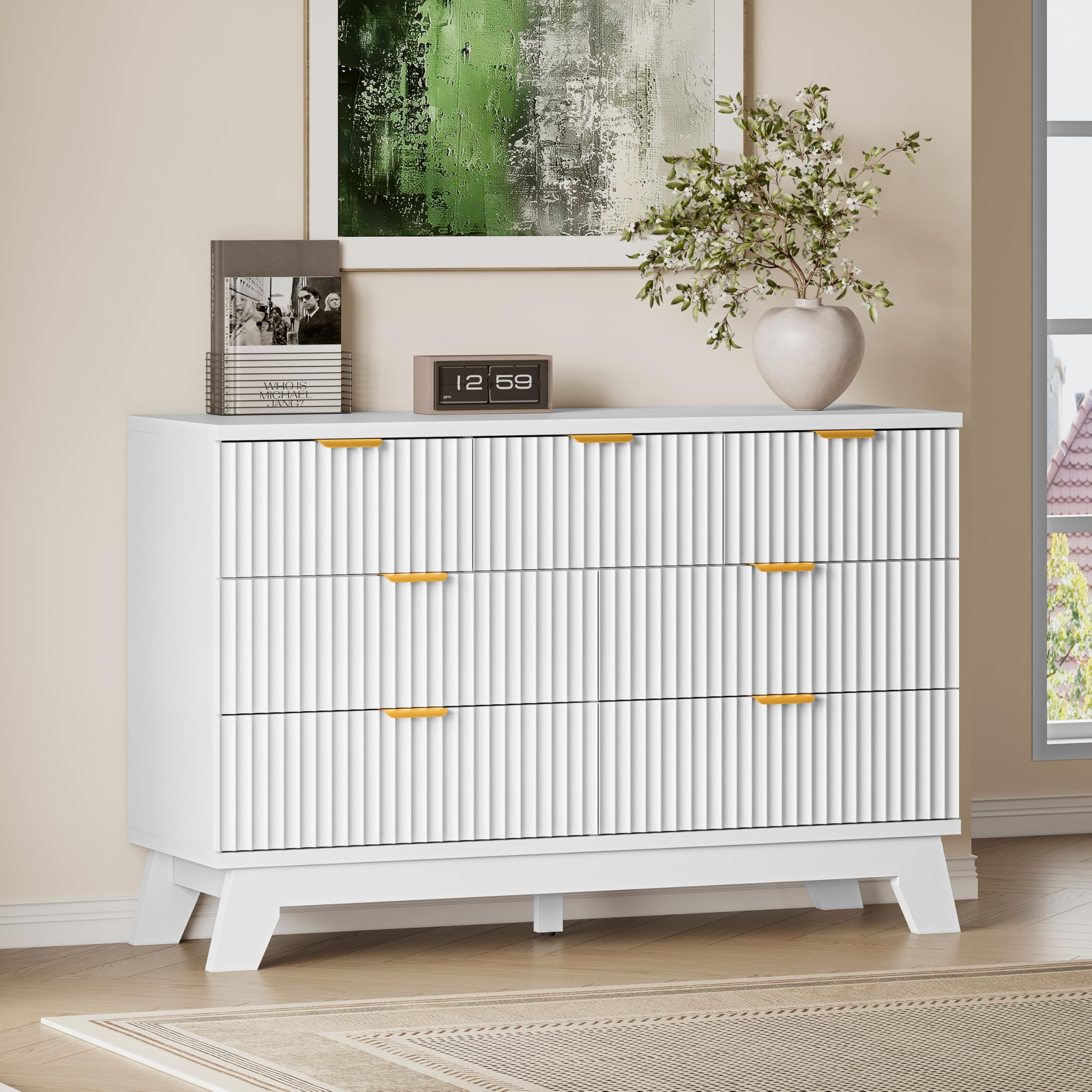 BORNOON Fluted 7 Drawer Dresser, 47.2" Wide Modern Boho Chest of Drawers, Wooden Storage Dresser TV Stand for Bedroom, Living Room, Closet, Hallway, Curved Profile Design