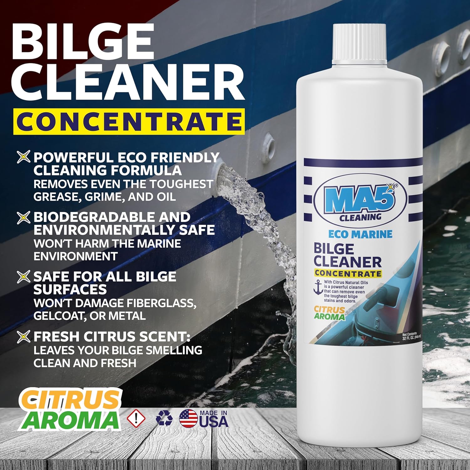 MA5x Eco-Marine Boat Bilge Cleaner | Heavy Duty Degreaser for Motor Cabins and Boat Bilge Surfaces | Fresh Citrus Aroma Clean Scent