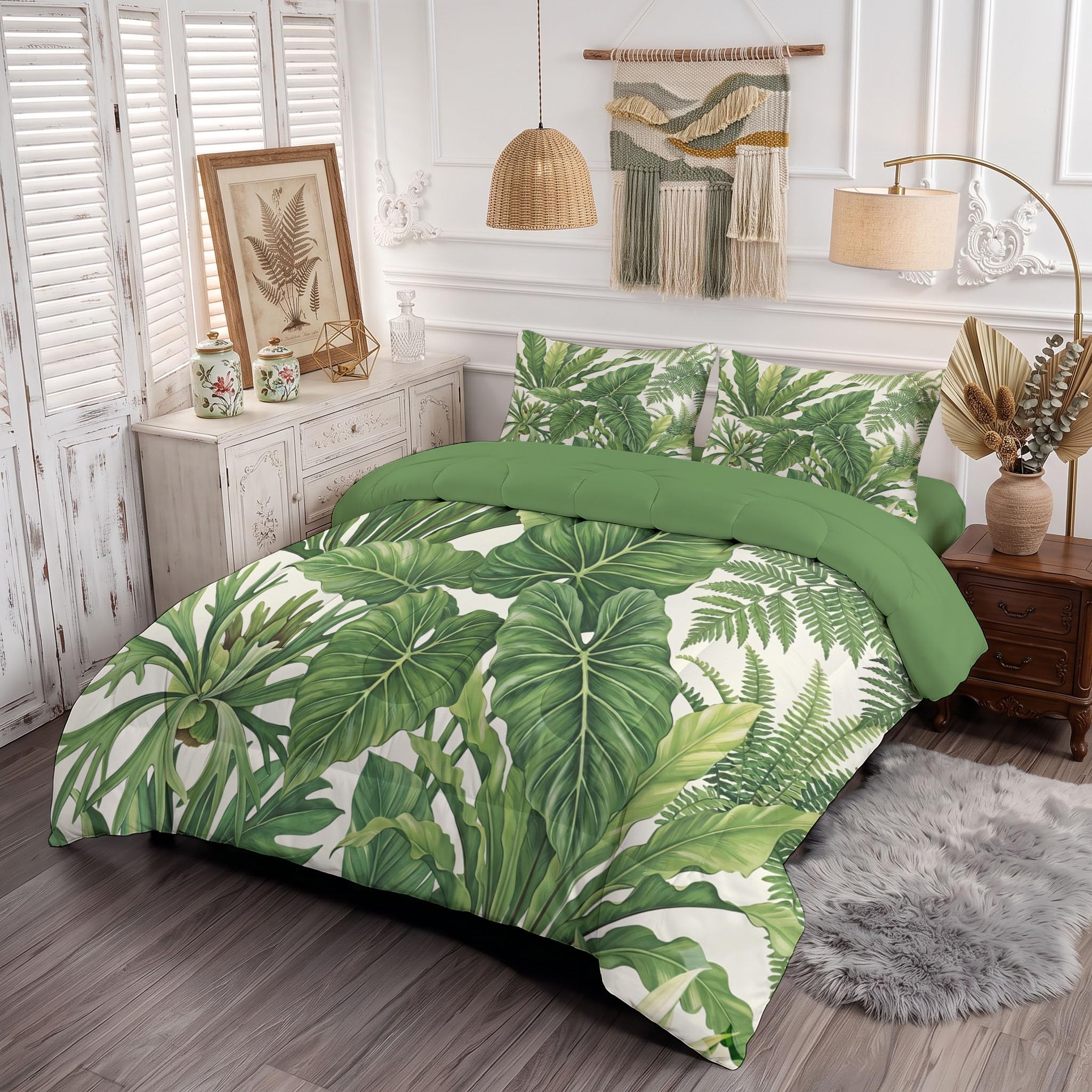 Piumone 2-In-1 Letto Singolo 140X200 Cm Poster Di Piante Naturali | Trapunta E Piumino Reversibile 4 Stagioni, Felci Foglie, Copriletto Lavabile Morbido Leggero, Verde Salvia