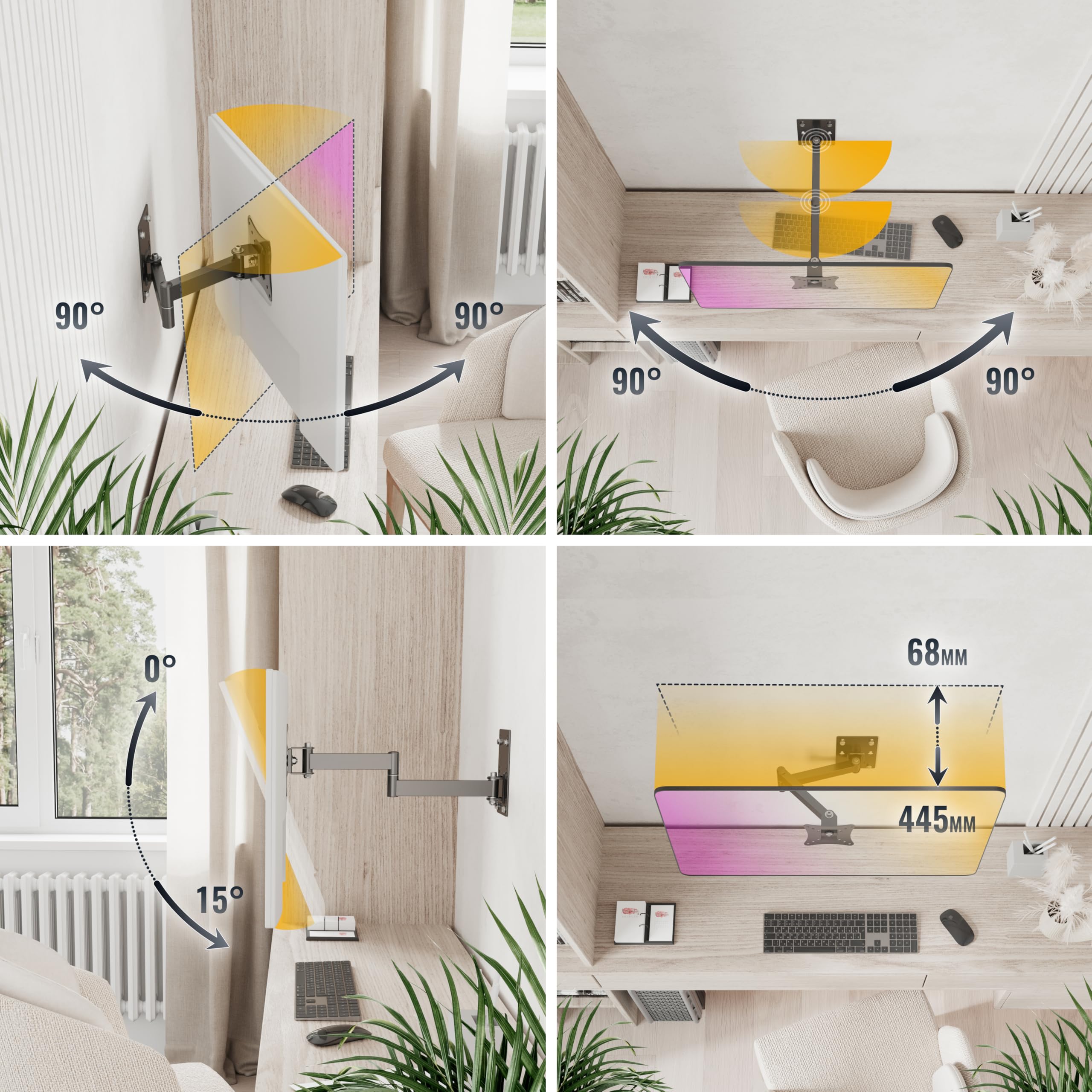 RICOO Obrotowy uchwyt do monitora około 33-75 cm do zakrzywionych i płaskich ekranów LED LCD R02-11 uchwyt ścienny do telewizora uniwersalny do VESA 50 x 50-100 x 100