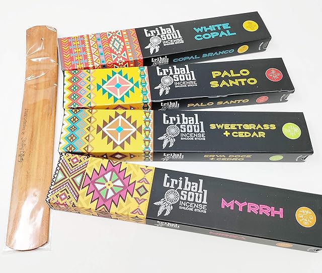 Tribal Soul Incense Smudge Sticks - Palo Santo, White Copal, Sweetgrass & Cedar with JRose Incense Holder TS-1