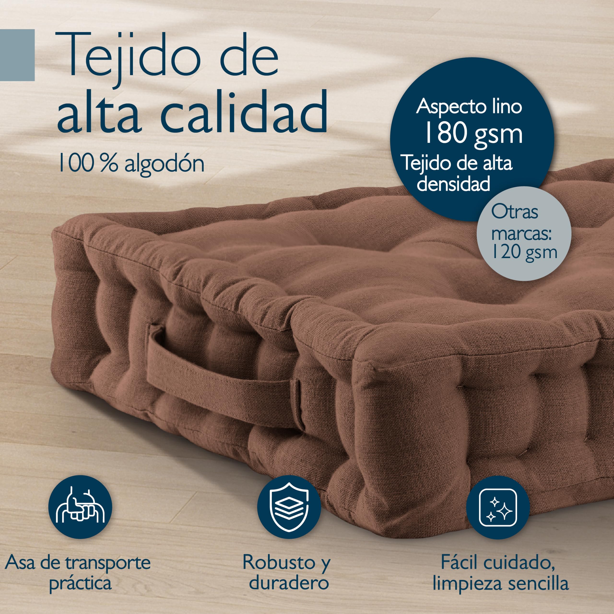 Beautissu Lote de 2 Cojines de Suelo Asiento 100% algodón con asa Grueso | 50x50cm Marrón colchón Grueso 10cm Cojín de Silla Interior y Exterior Transporte Mila
