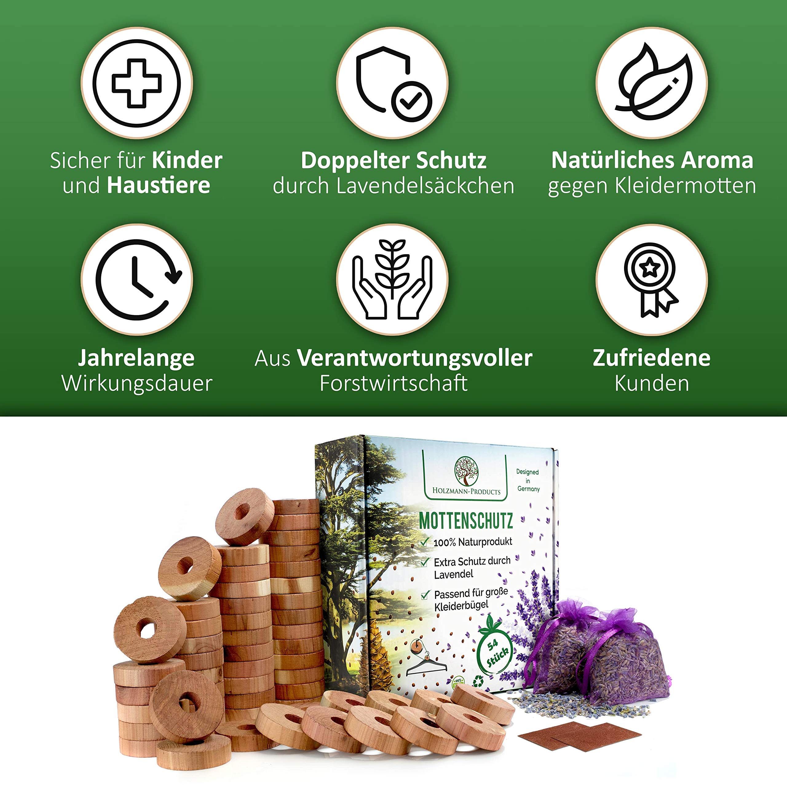 HOLZMANN zestaw 58 sztuk, ochrona przed molami z drewna cedrowego i lawendy, z papierem ściernym, drewno cedrowe, ochrona przed molami, naturalna ochrona przed molami, do szafy na ubrania, pierścienie