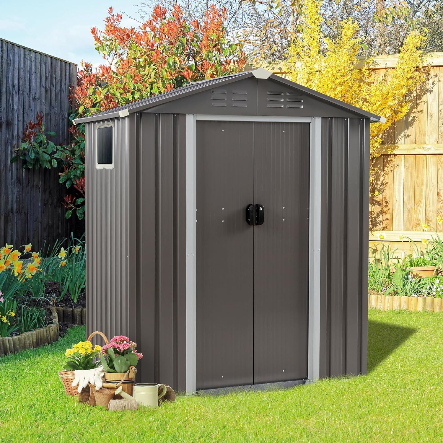 Vongrasig 5x3x6 FT Outdoor Metal Storage Shed - Waterproof Steel Tool Shed with Side Window, Lockable Door for Backyard Garden (Gray)