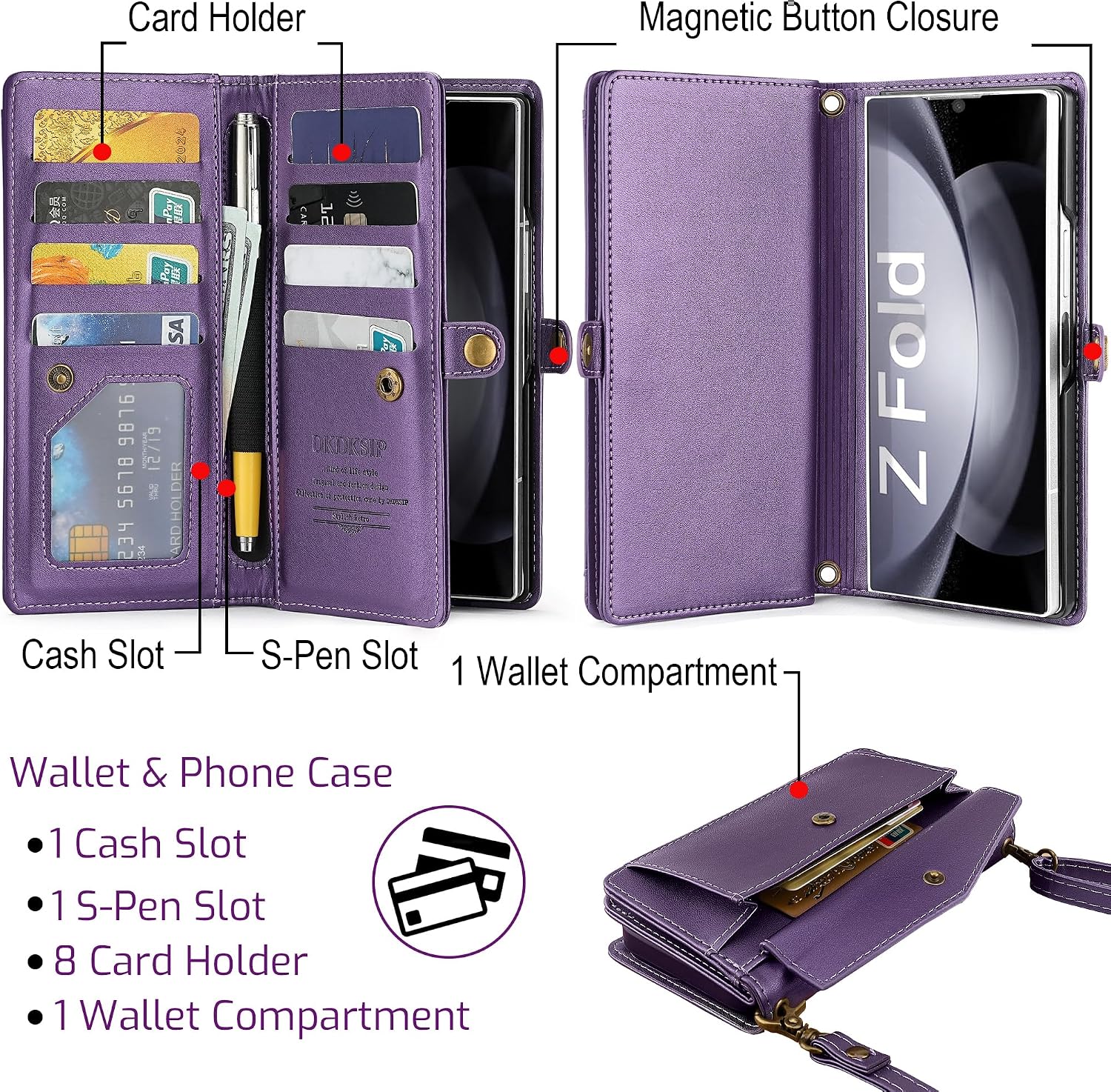 for Samsung Galaxy Z Fold 3 Wallet Case for Women 【S Pen Holder】, RFID Blocking Card Holder, PU Leather Flip Phone Case with Crossbody Strap Wristlet Kickstand for Galaxy Z Fold 3, Purple