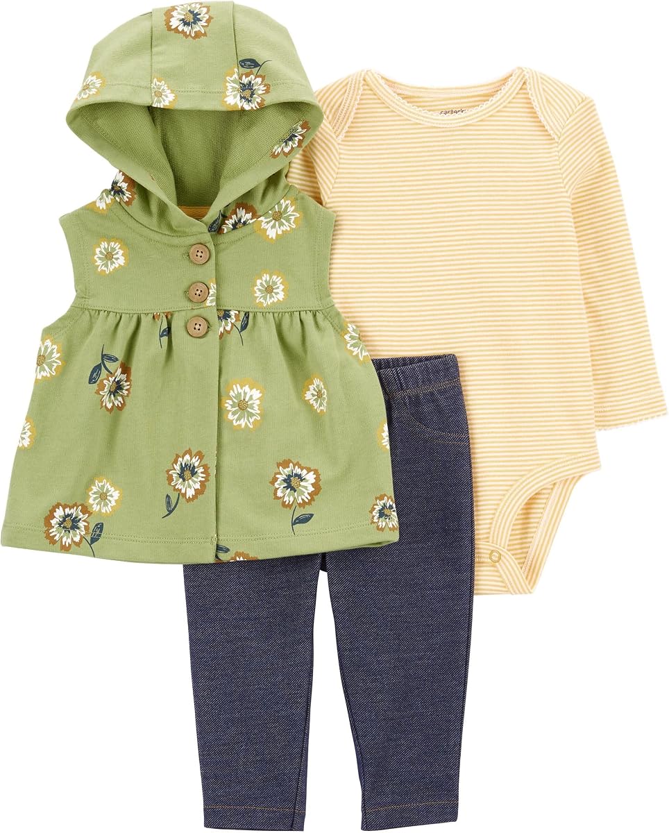 Conjunto de chaleco de 3 piezas para bebé niña (verde/amarillo/azul marino floral, 12 meses)...