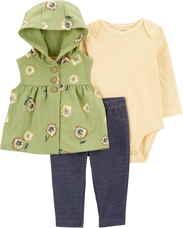 Conjunto de chaleco de 3 piezas para bebé niña (verde/amarillo/azul marino floral, 12 meses)...