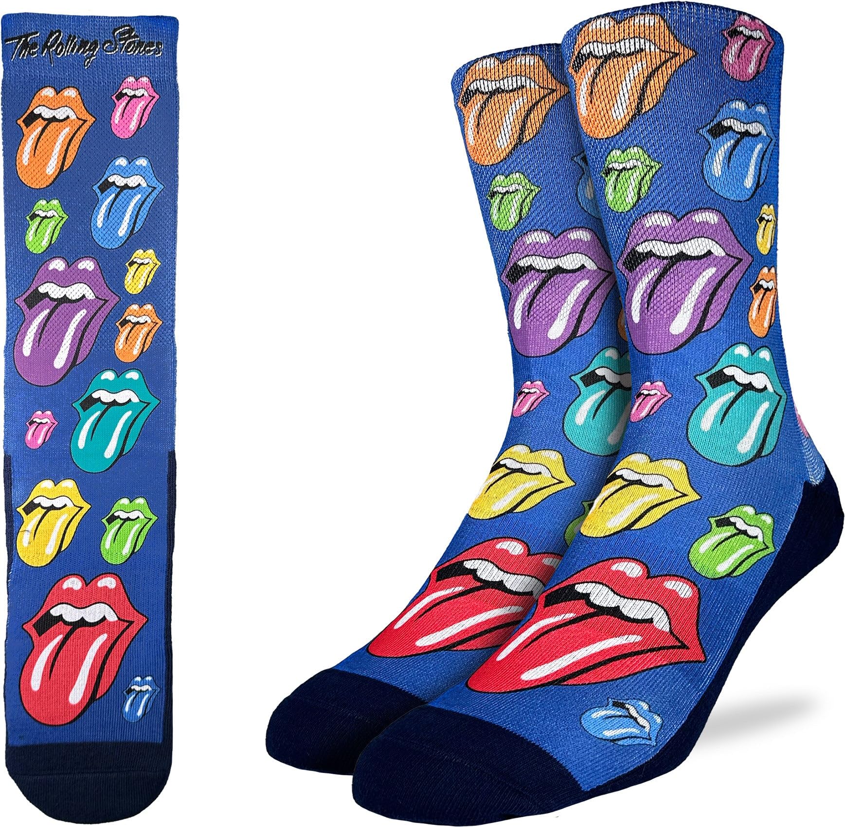 Good Luck Sock Men's The Rolling Stones, Rainbow Hot Lips On Blue, The Rolling Stones Socks, Adult, Large