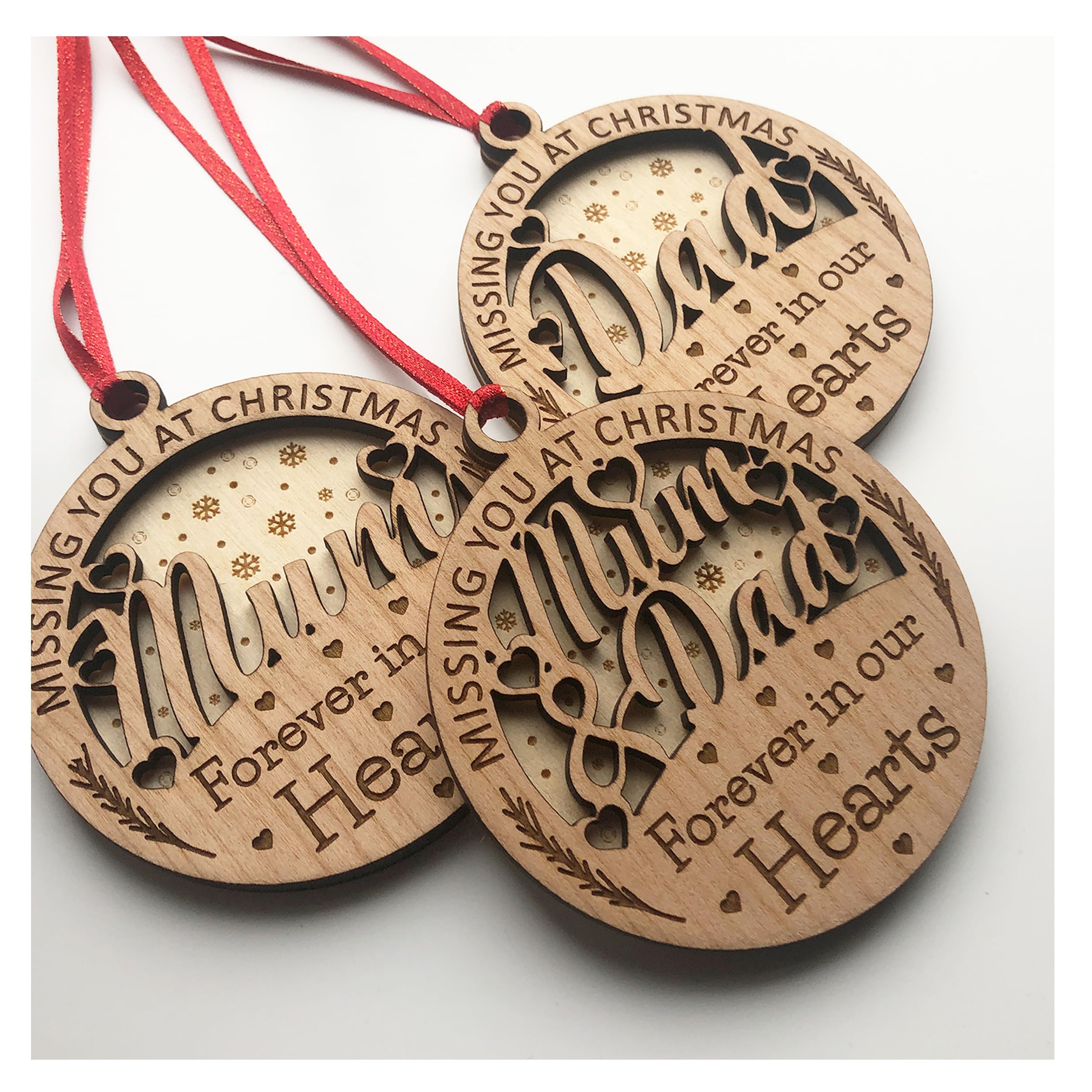 3D Double Layered Wooden Christmas Tree Baubles With Ribbon - Personalised (Missing You)