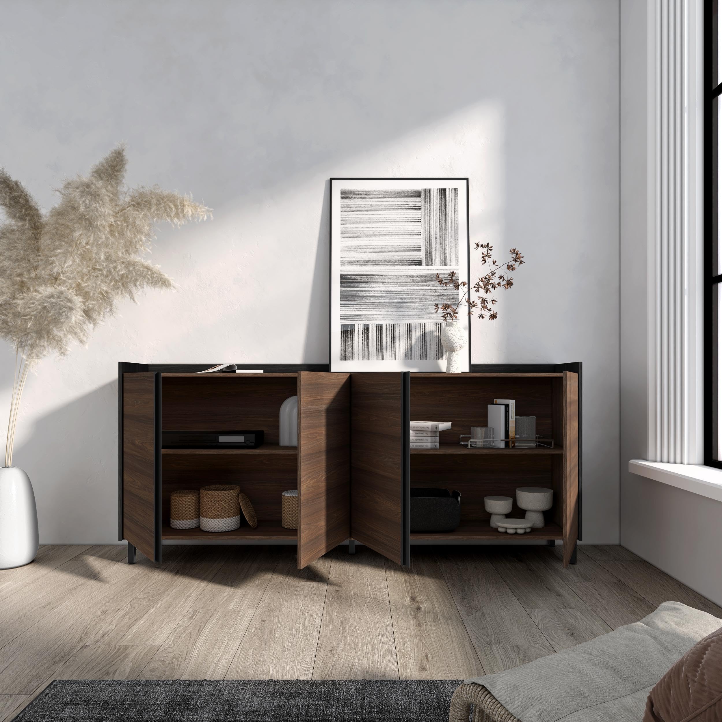 Skraut Home | Buffet Salon et Cuisine | Meuble de Rangement, Commode | 207x91x35 cm | 4 Portes | Design Industriel | Style Moderne | Chêne foncé et Noir