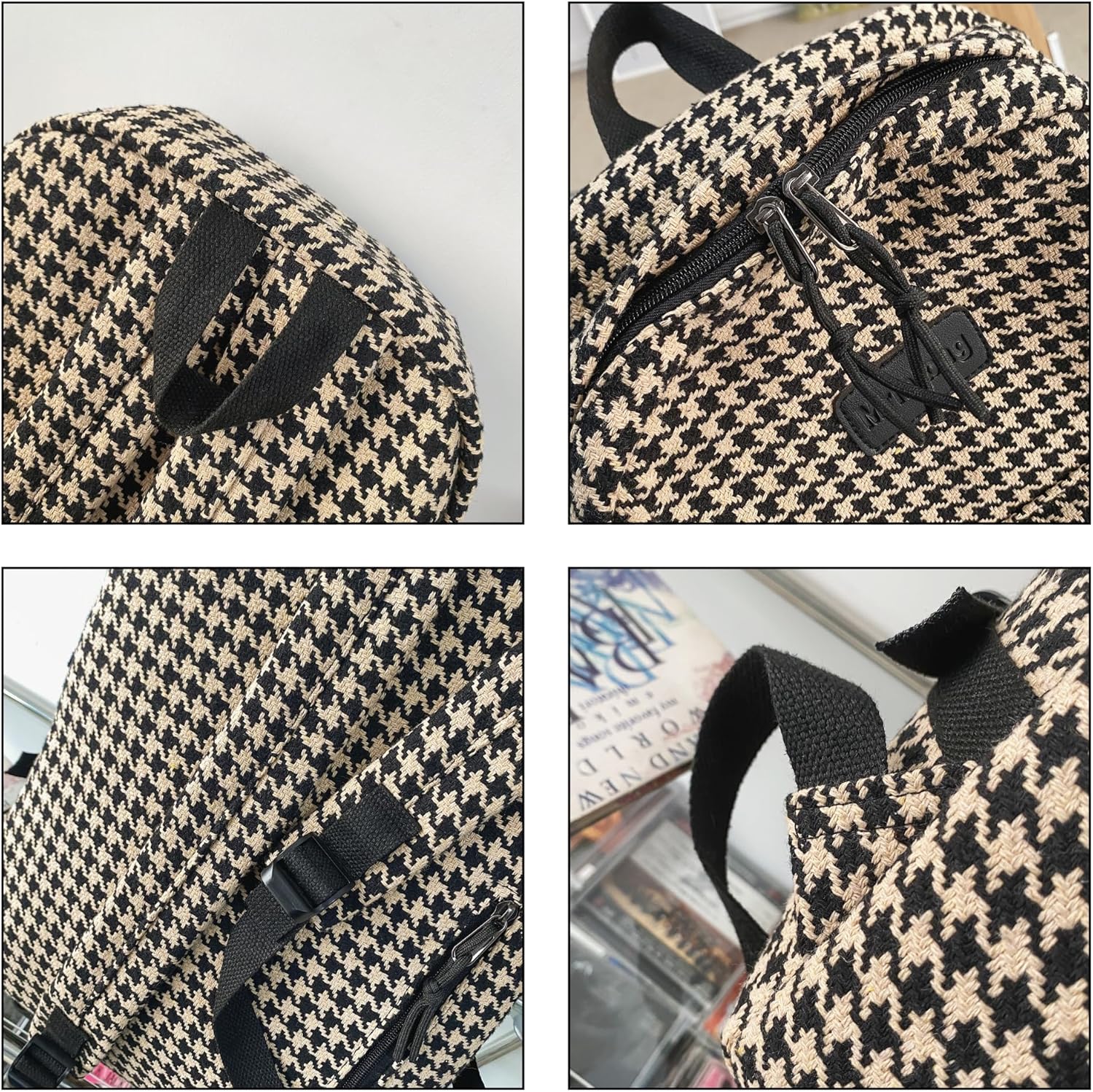 Vintage Checkered Laptop Backpack for Women - Plaid Houndstooth Fashion Aesthetic Bookbag with Leather Accents (【Brown】)