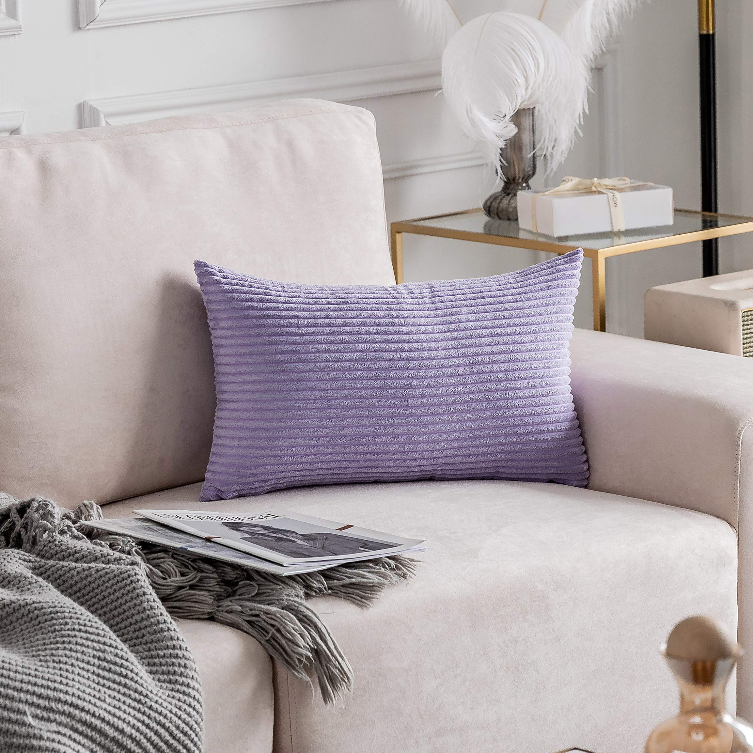 Home Brilliant Rectangle Pillow Cover Purple Throw Pillow Solid Striped Velvet Lumber Decorative Pillowcase for Living Room, Lavender 12x20 inches(30x50 cm)