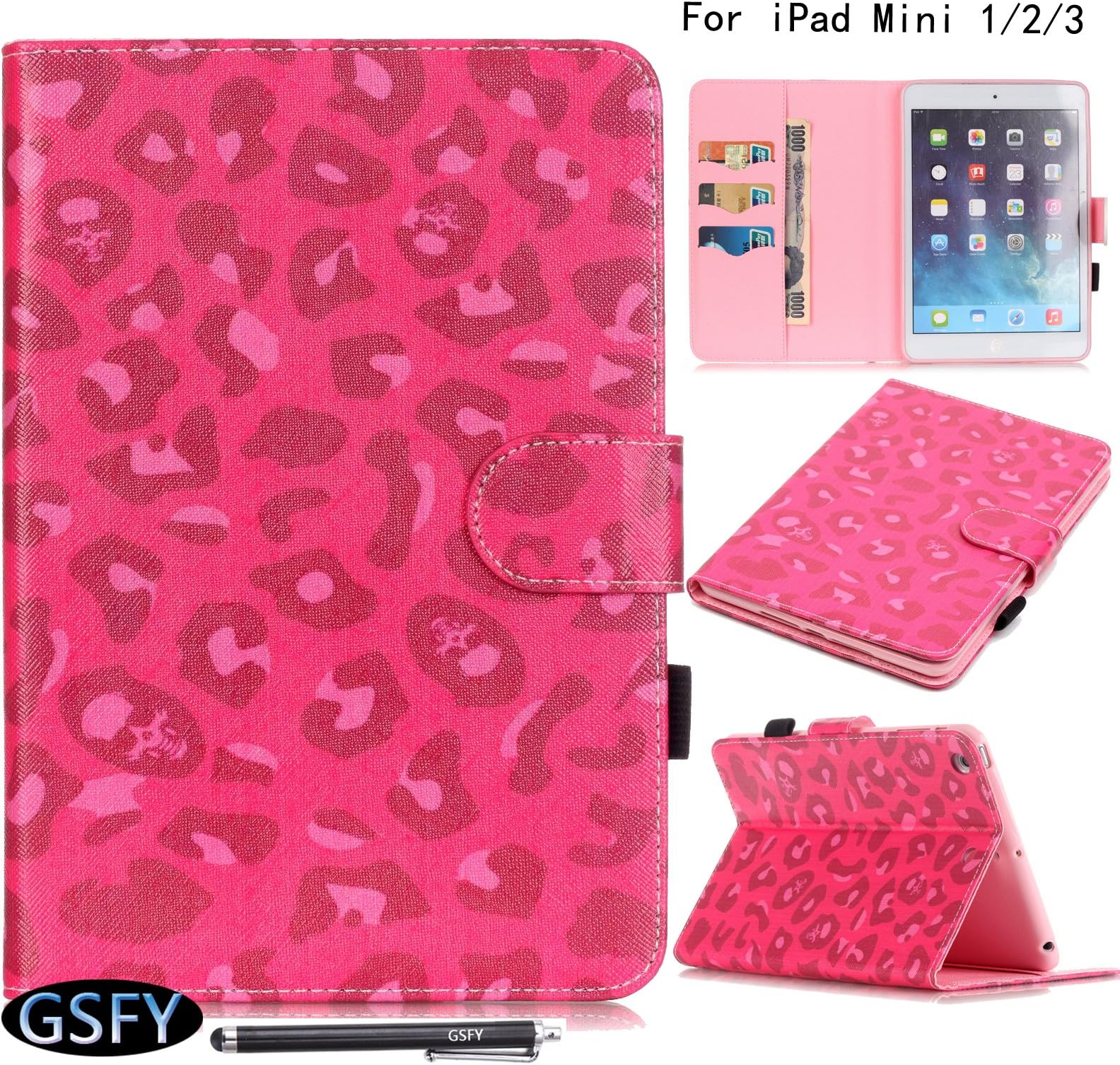 iPad Mini 1/2/3 Case, Newshine Magnetic Closure Flip Folio Smart (Auto Wake/Sleep) Stand Cover with Card/Cash Packet for Apple iPad Mini 1st / 2nd / 3rd Generation (Rose Leopard)
