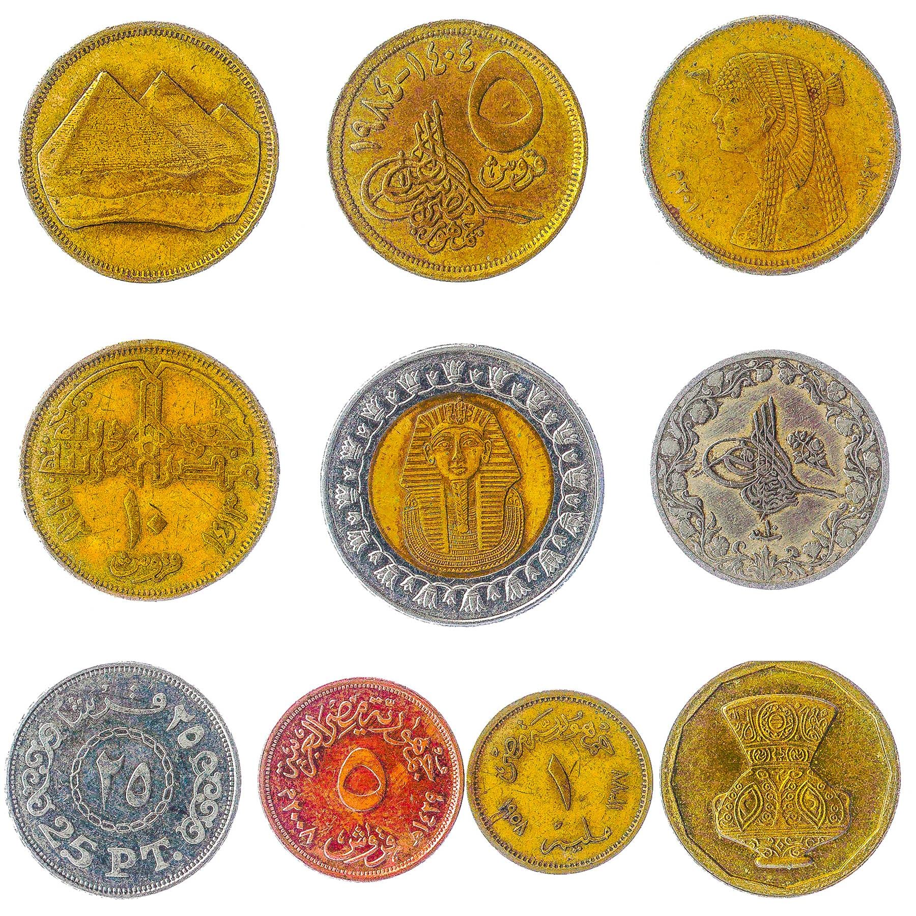 Egypt 10 Mixed Coins | Egyptian Currency | Qirsh Pound Piastres Milliemes | Hawk of Qureish | Cleopatra | Tutankhamun | Since 1958