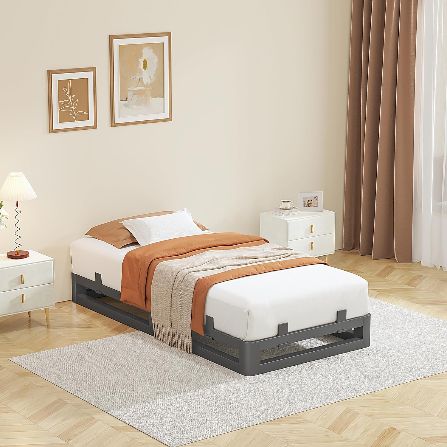 6 Inch Twin Bed Frames with Rounded Corner and Squeak Free U-Slot Design, Metal Platform Bed Frames 6 Non-Slip Guards, 3500lbs Heavy Duty Steel Slat Support, No Box Spring Needed, Black